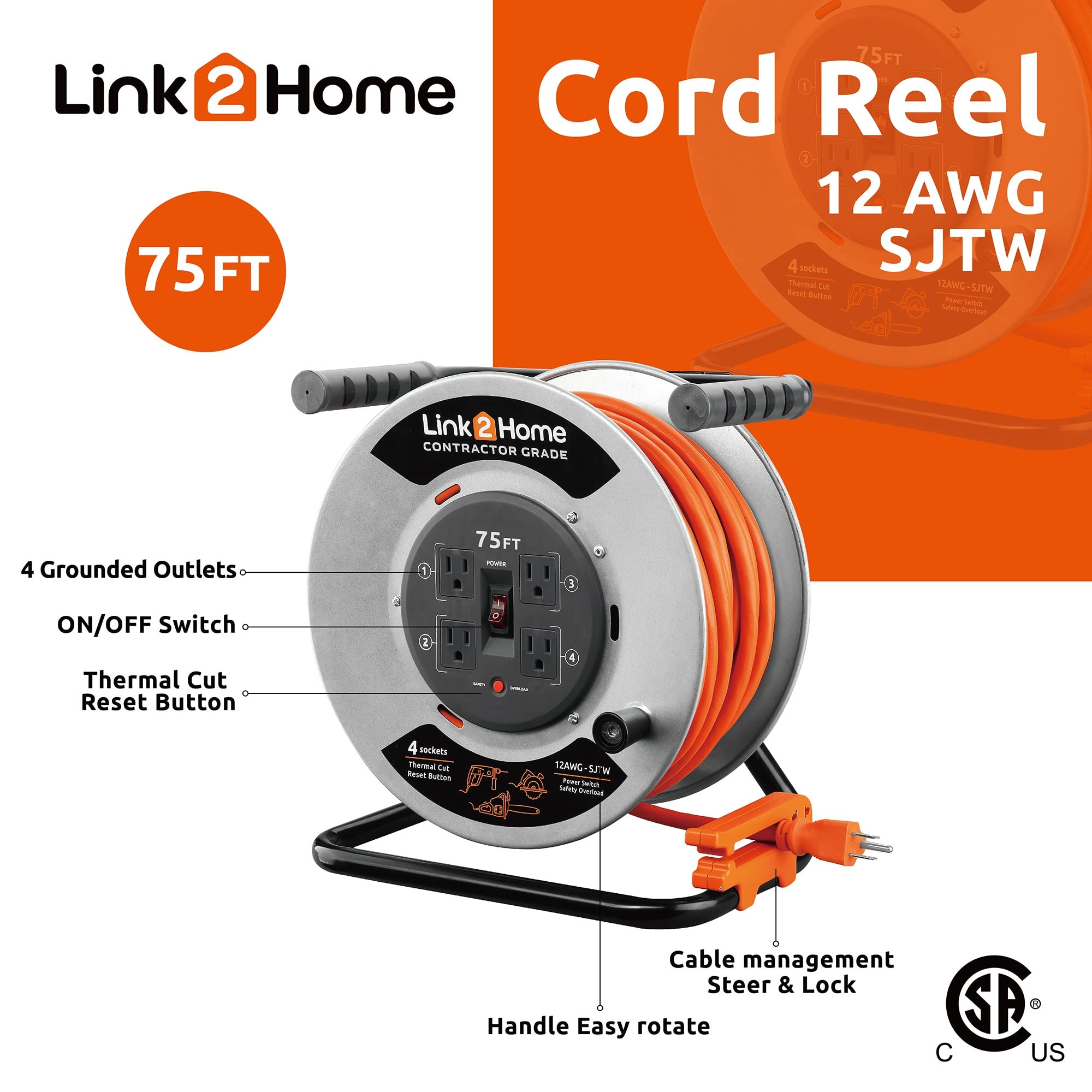 Link2Home Contractor Grade Retractable Extension Cord Reel 75 Ft. With 4 Outlets & Heavy Duty/High Visibility 3 Prong Sjtw Cord