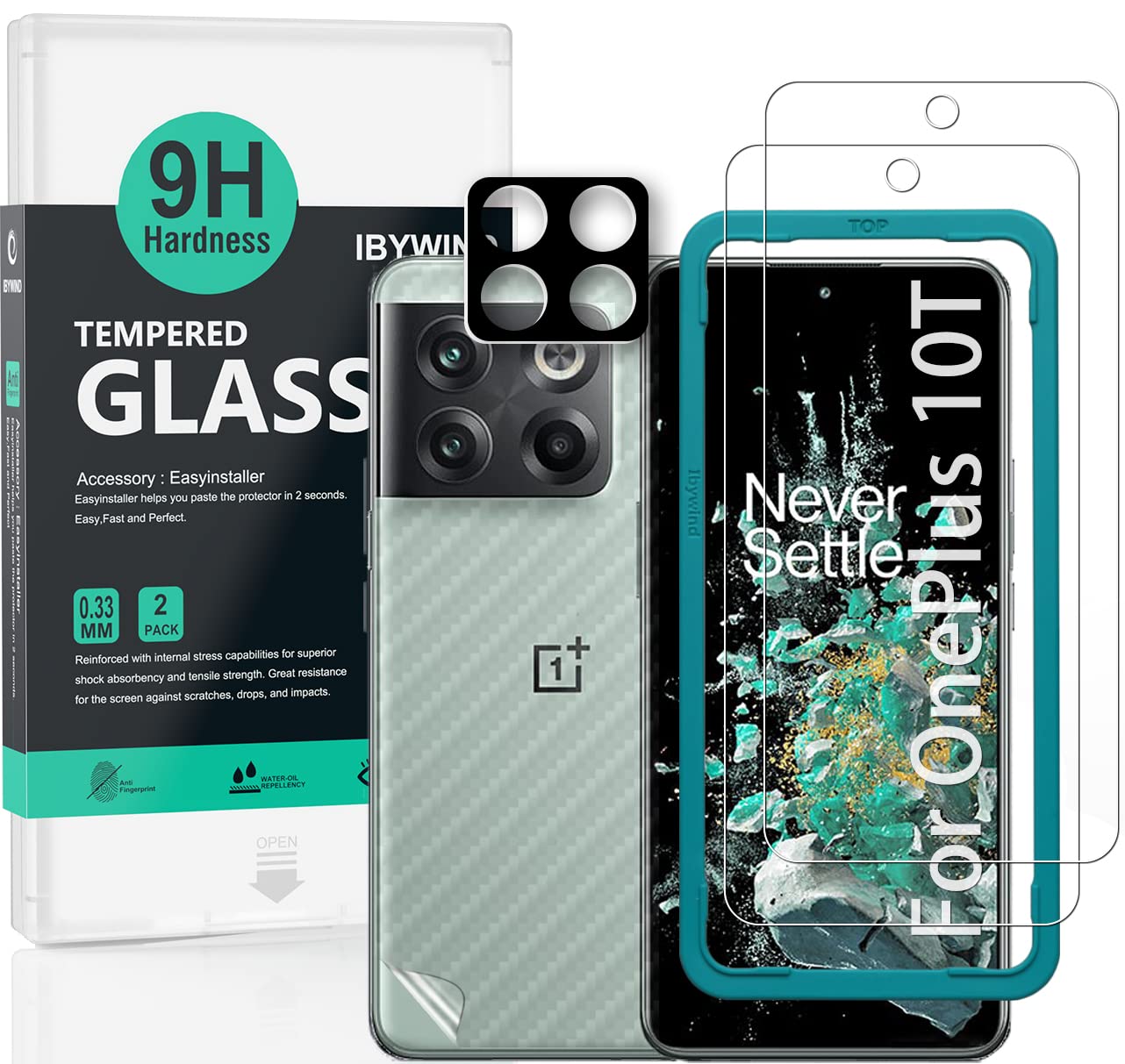 Ibywind Screen Protector For Oneplus 10T 5G(6.7 Inches),With 2Pcs Tempered Glass,1Pc Camera Lens Protector,1Pc Backing Carbon Fi