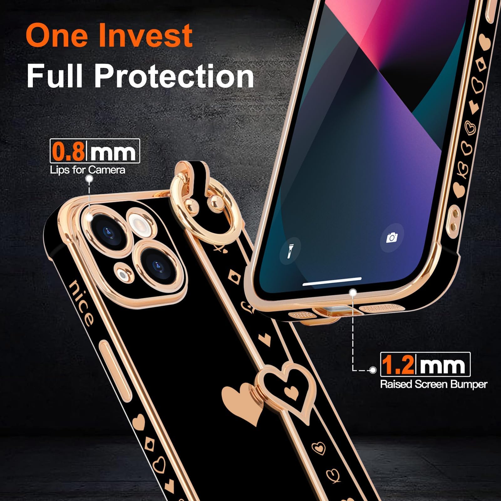 Llz.Coque For Iphone 13 Case Cute Love Heart Plating Strap Phone Cover For Women Girlss Bling Soft Silicone Camera Lens Protecti