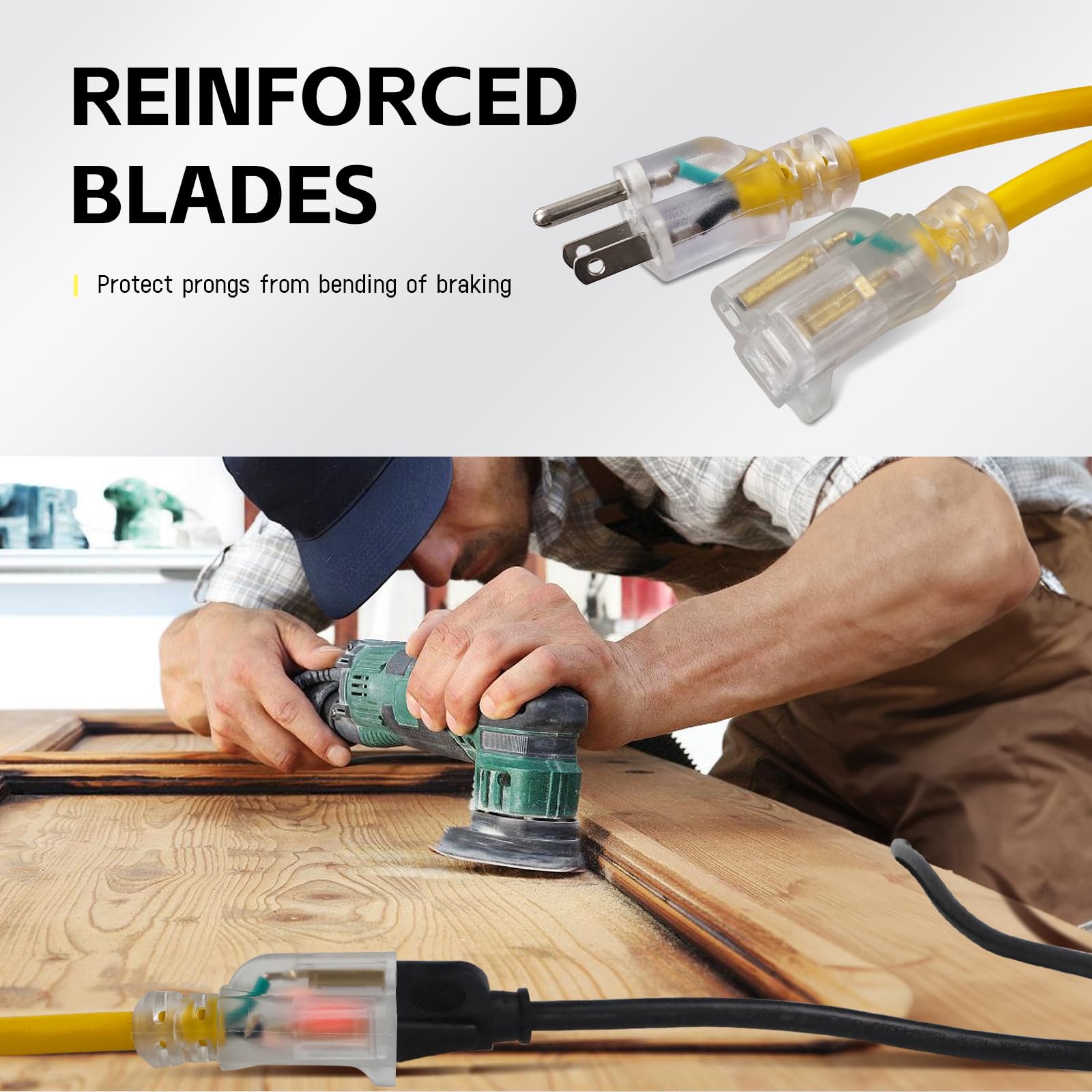 Ep 50 Ft Lighted Outdoor Extension Cord   12/3 Sjtw Heavy Duty Yellow Extension Cable With 3 Prong Grounded Plug   15Amp Power C