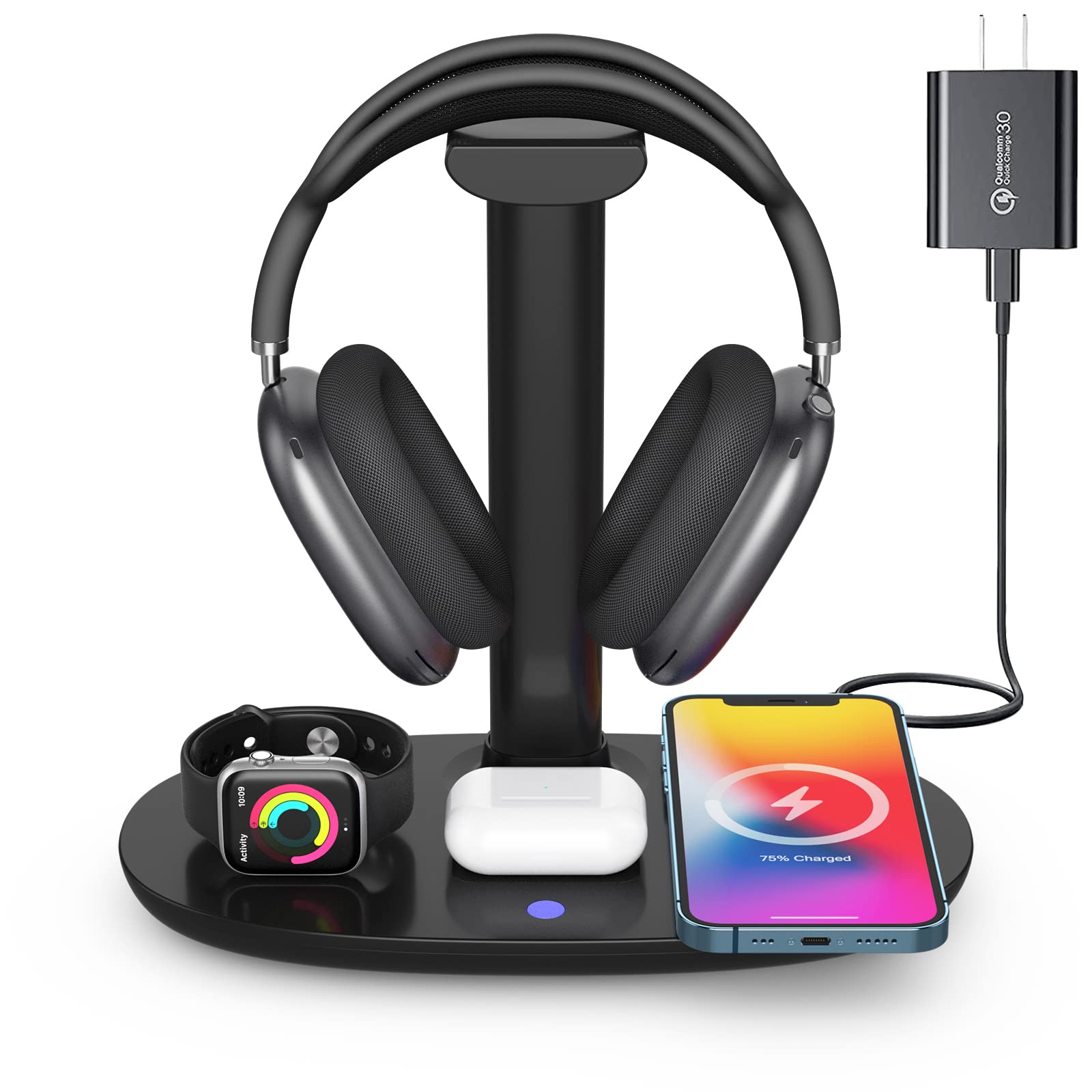 Headphone Stand With 15W Wireless Charger, Suguder 4 In 1 Charging Station Headset Holder For Airpods Max/Pro/4/3/2 Iwatch 10/9/