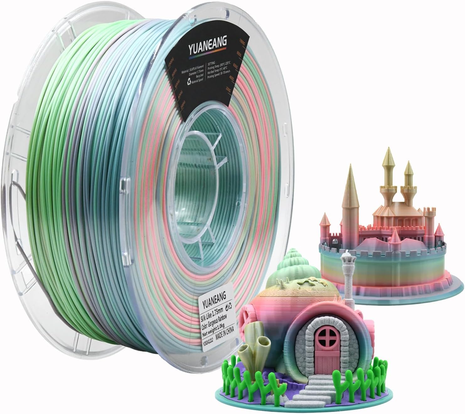 YUANEANG Silk Rainbow PLA 3D Printer Filament 1.75mm, 1kg Spool, High-Gloss in Vibrant Dawn Color, Smooth Shiny Finish, 0.03mm P