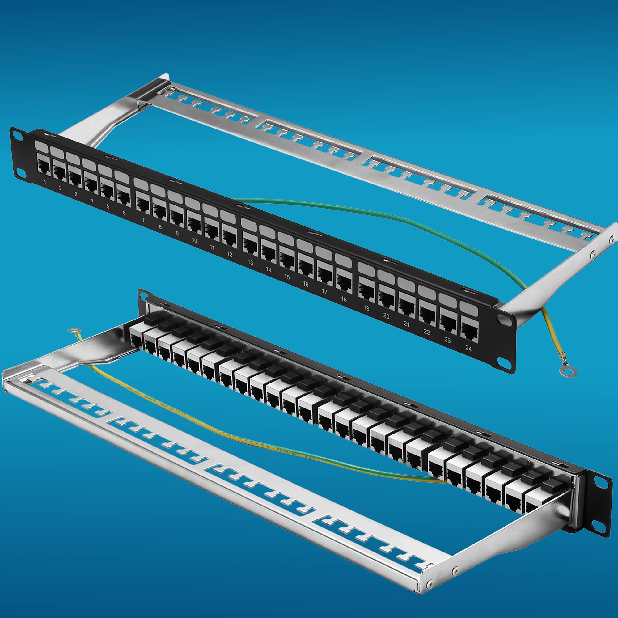 Rapink Patch Panel 24 Port Cat6A With Inline Keystone 10G Support, Coupler Patch Panel Stp Shielded 19 Inch With Removable Back Bar, 1U Network Patch Panel For Cat7, Cat6, Cat6A, Cat5E