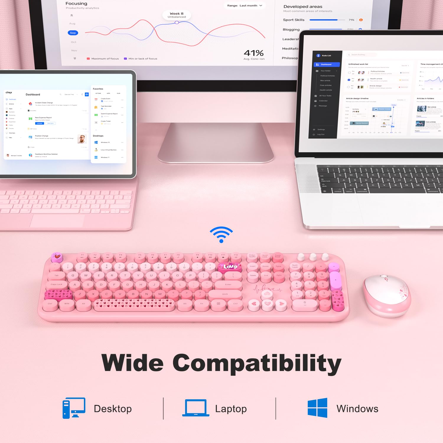 MOFII Wireless Keyboard and Mouse Combo Full Sized 104 Keys Round Keycap 2.4G USB Pale Pink