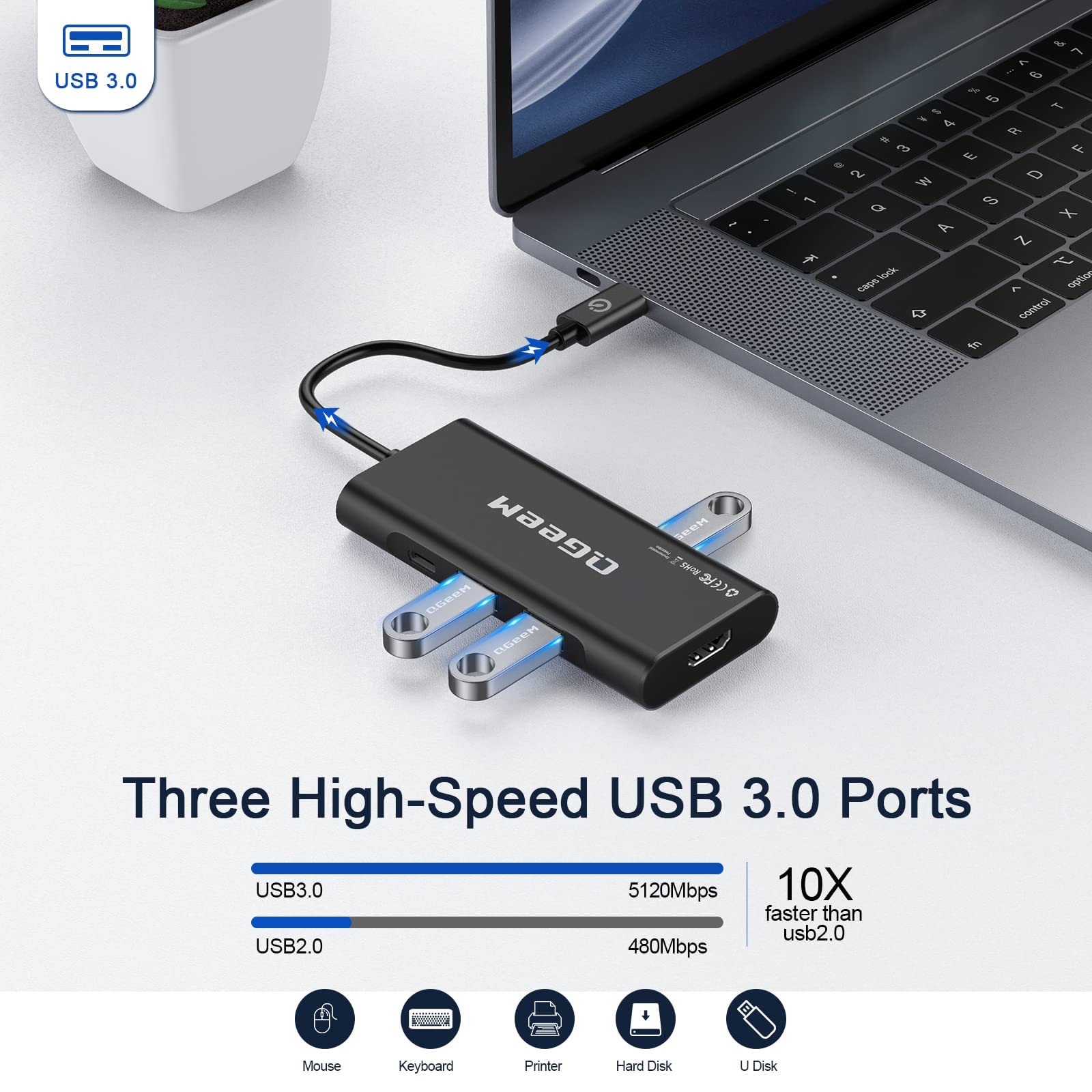 Usb C Hub, Qgeem Usb C To Hdmi Adapter 4K, 7 In 1 Usb C Dongle With 100W Power Delivery,3 Usb 3.0 Ports, Sd/Tf Card Reader, Comp