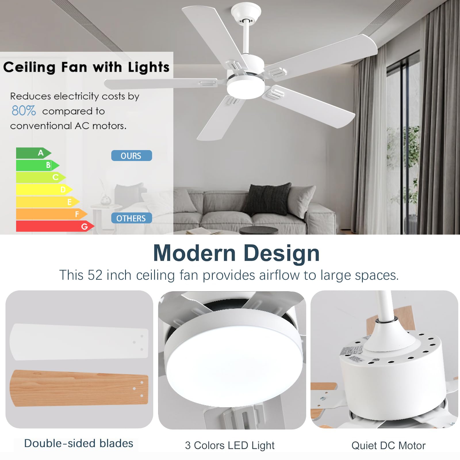 Fumltp 52 Inch Modern White Ceiling Fans With Lights App/Remote Control, Low Profile Reversible 6 Speeds Ceiling Fan Light For I