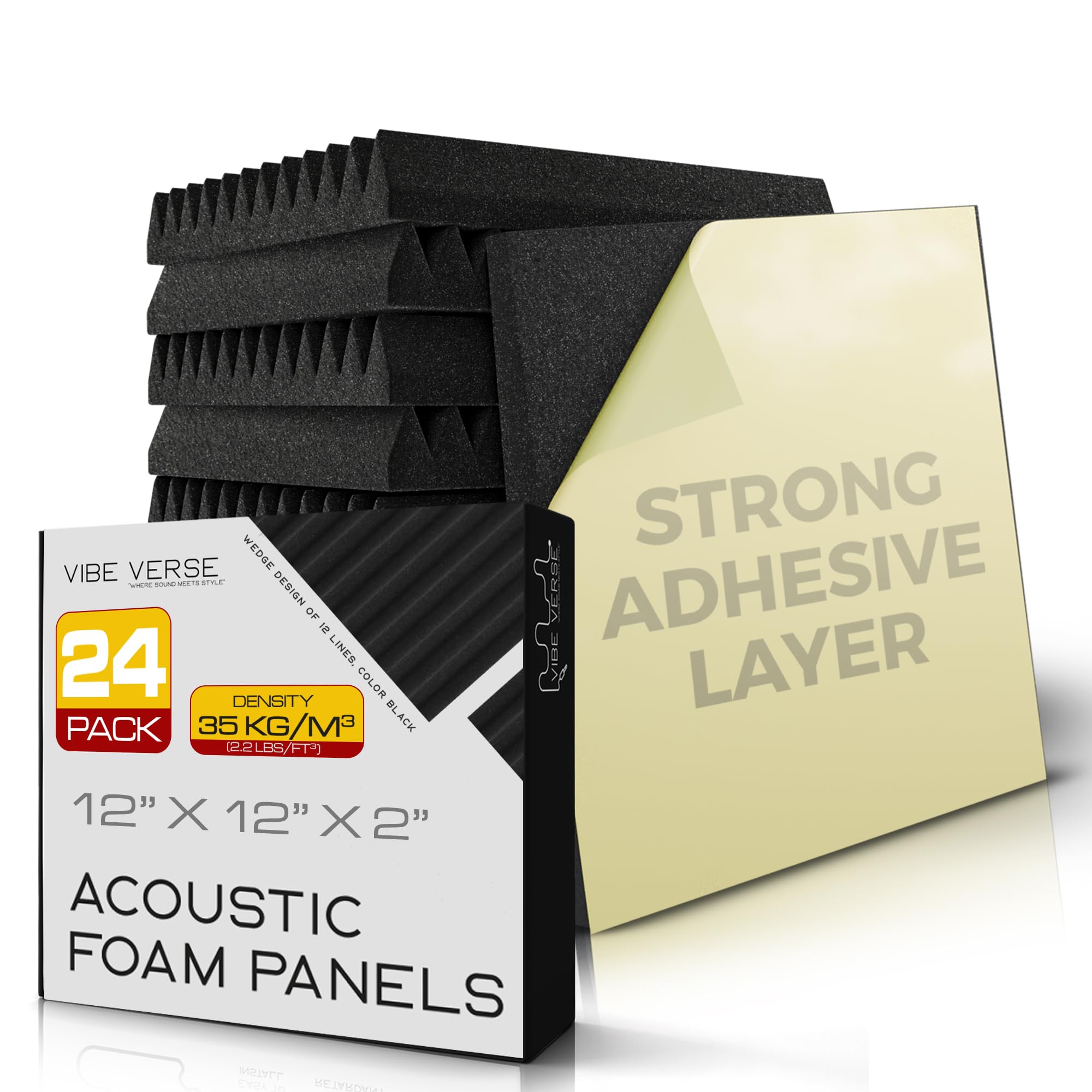 VibeVerse - 24 pack Self Adhesive Acoustic Foam Sound Absorption Panels, 12 x 12 x 2, Black Wedge of 12 lines Design, 35 Kg/m3 H