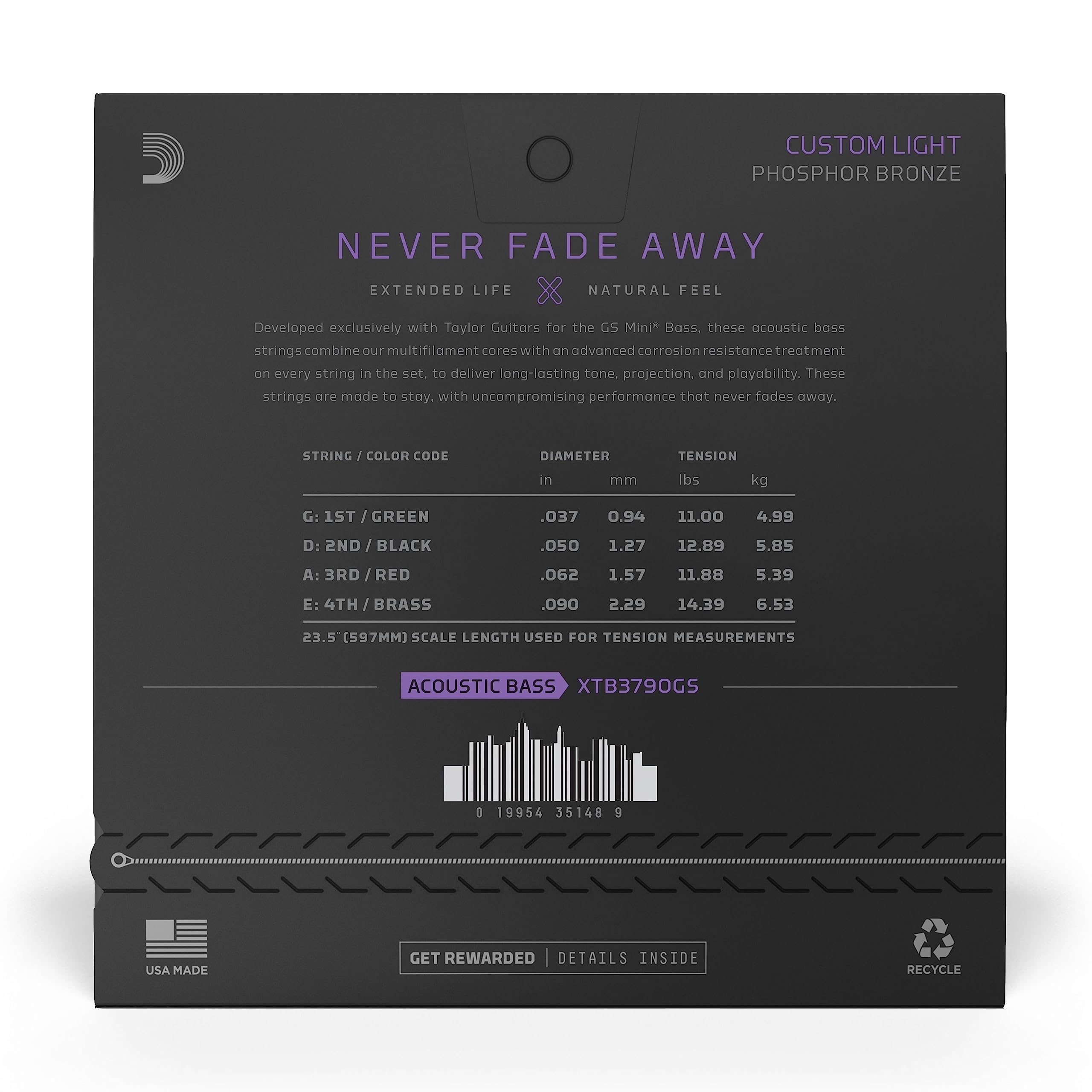 Daddario Coated Acoustic Bass Guitar Strings - Xtb3790Gs - Xt Bass Phosphor Bronze, Custom Light, Gs Mini, 37-90