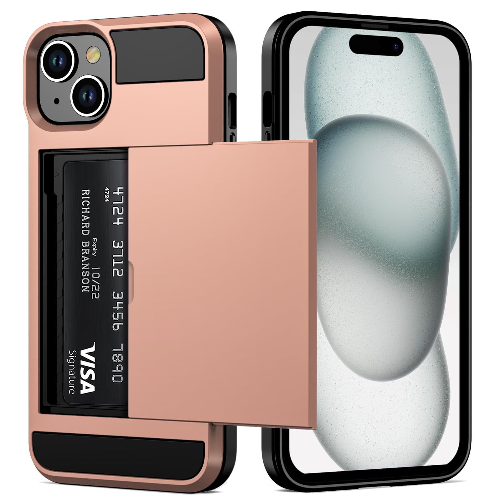 Vofolen Case Compatible with iPhone 15 with Card Holder, Dual Layer Shockproof Wallet Phone Case, Hidden Card Slot Sliding Prote