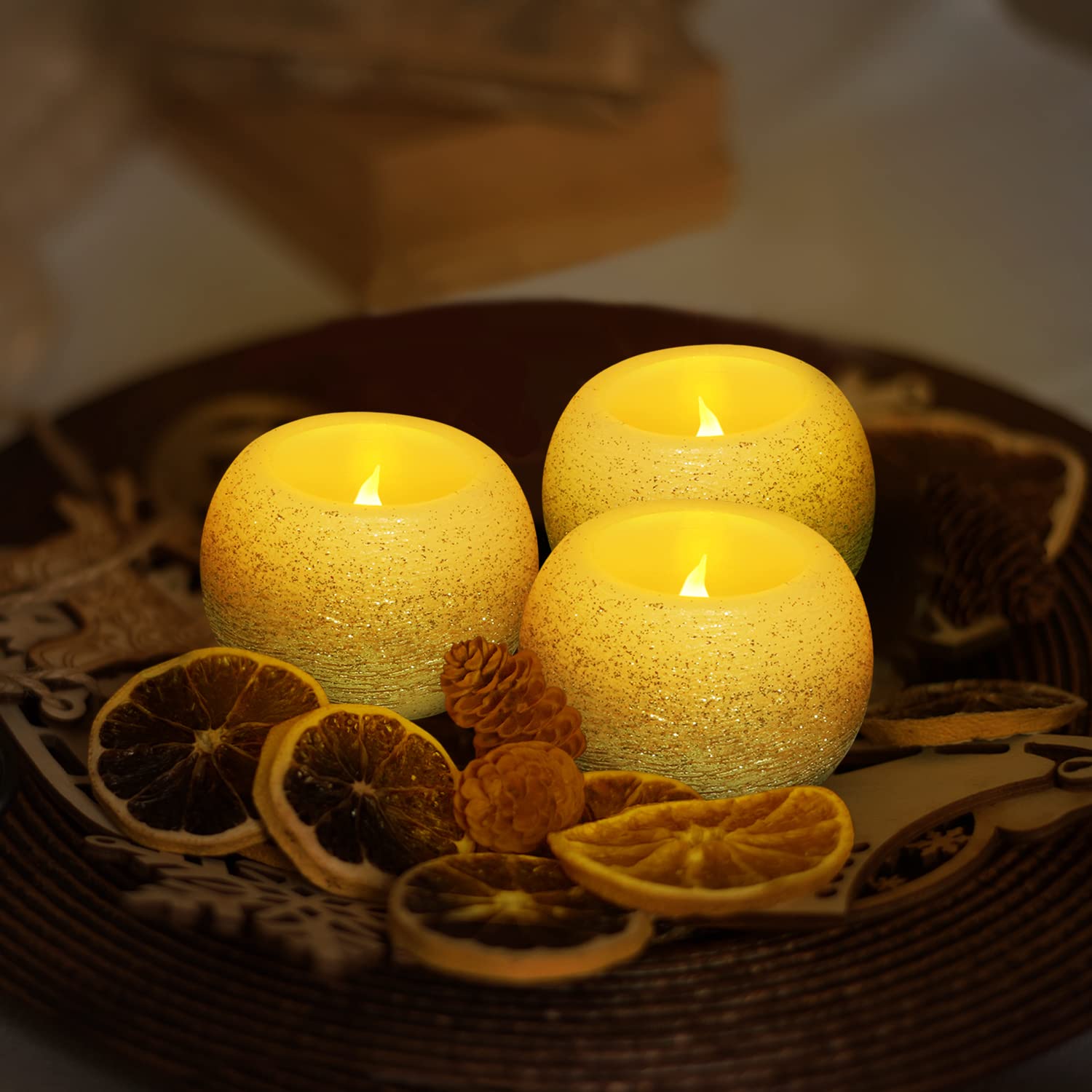 Furora Lighting Gold Glittery Real Wax Flameless Candles Pack Of 3, Led Flickering Round Candles Perfect For Wedding D  Cor, 2.4