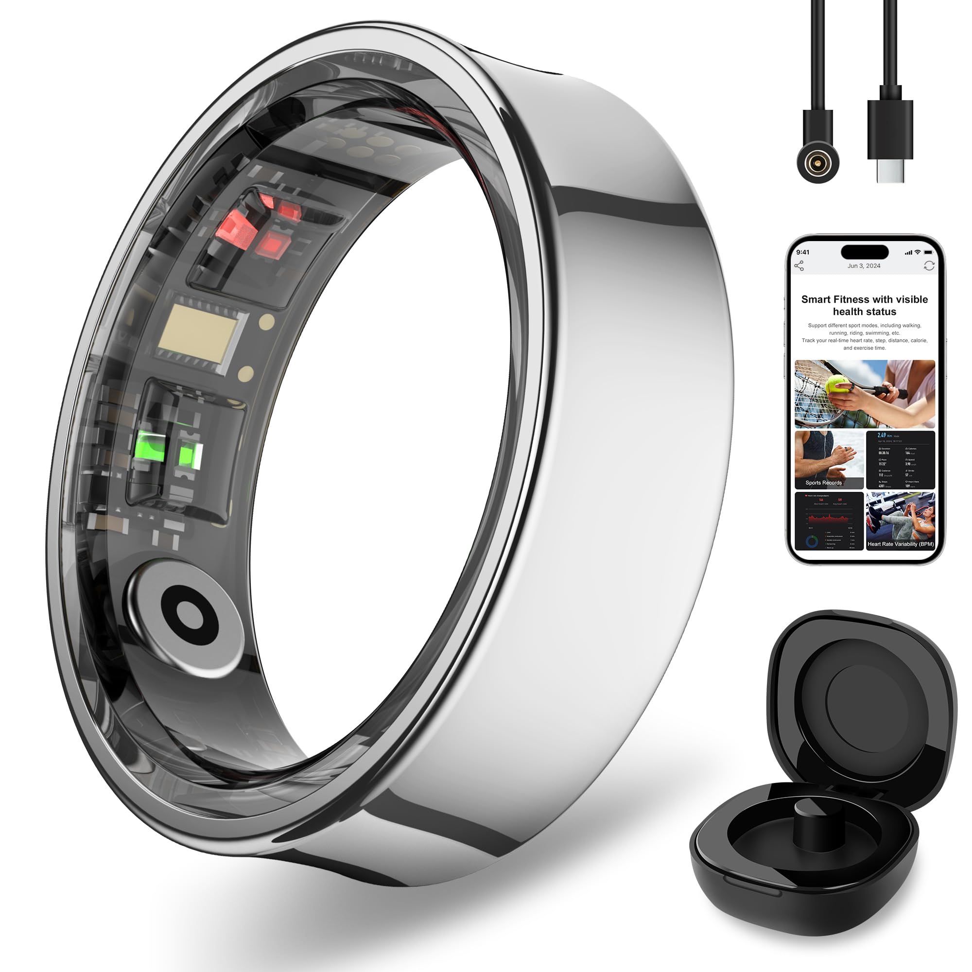 Smart Ring For Men And Women, Silver Fitness Tracker Ring With Heart Rate, Sleep Tracking, Step Counter, 170+ Activity Modes, Ge