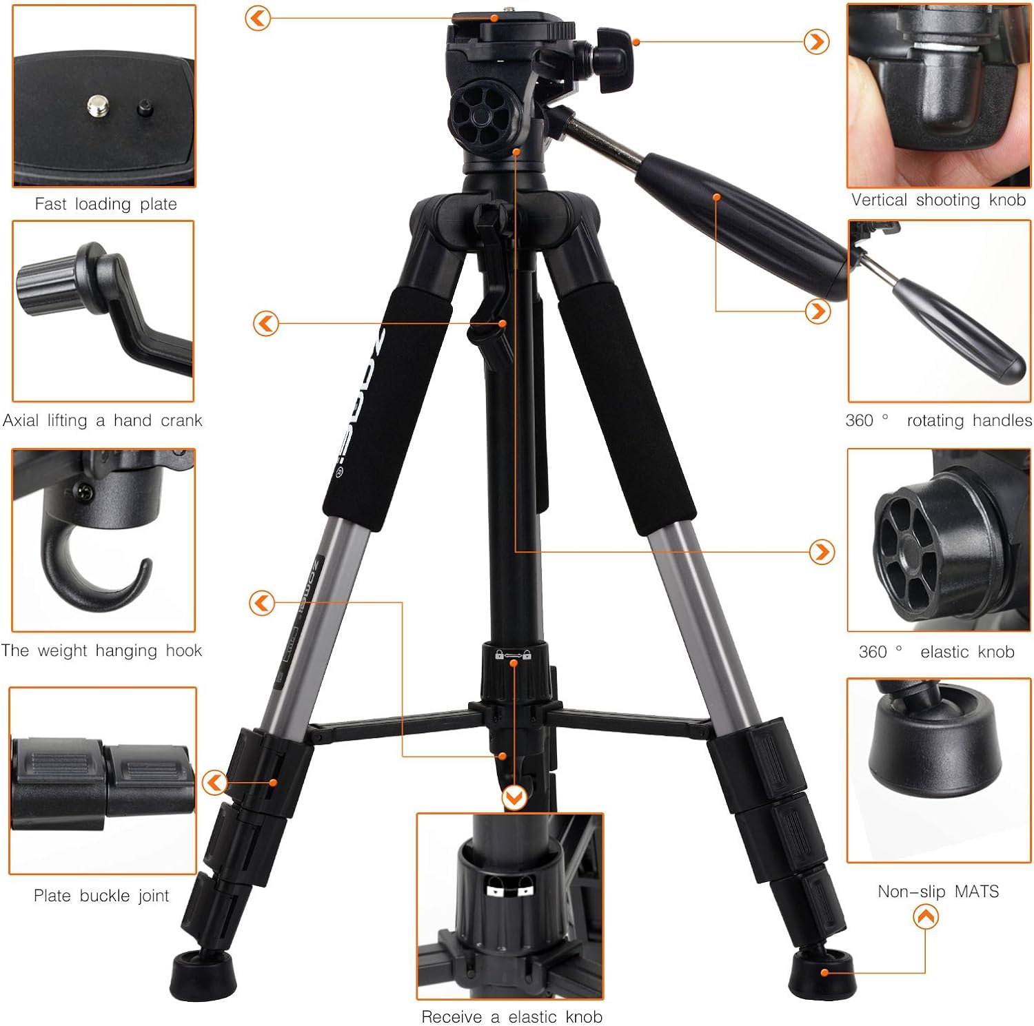 Camera Tripod, Zomei Q111 55 Inch Smartphone Tripod Flexible Aluminum Travel Tripod With 3 Way Pan Head And Phone Holder, For Photography Youtube Smartphones Cameras And Led Ring Light (Silver)