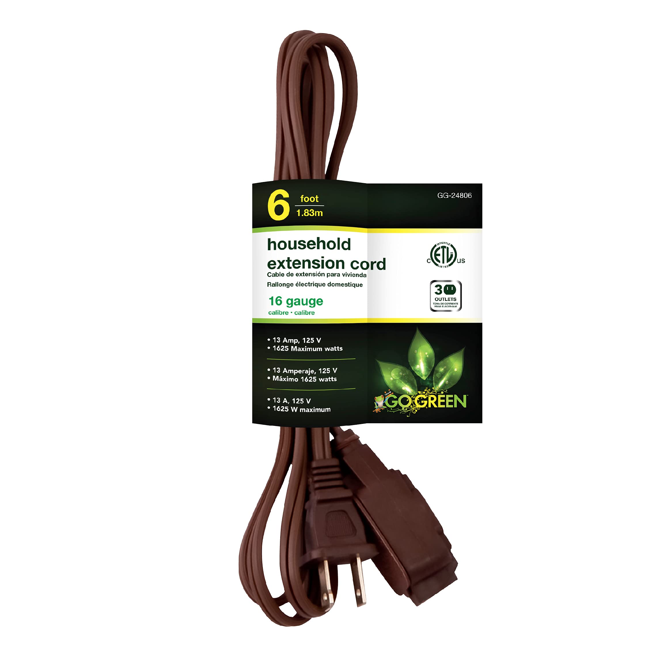 Go Green Power Inc. 16/2 6Ft Household Extension Cord With 3 Outlets, Brown   Discreet, High Quality, Kink Free, Child Safety Covers For Extra Protection   Perfect For Daily Use   Gg 24806
