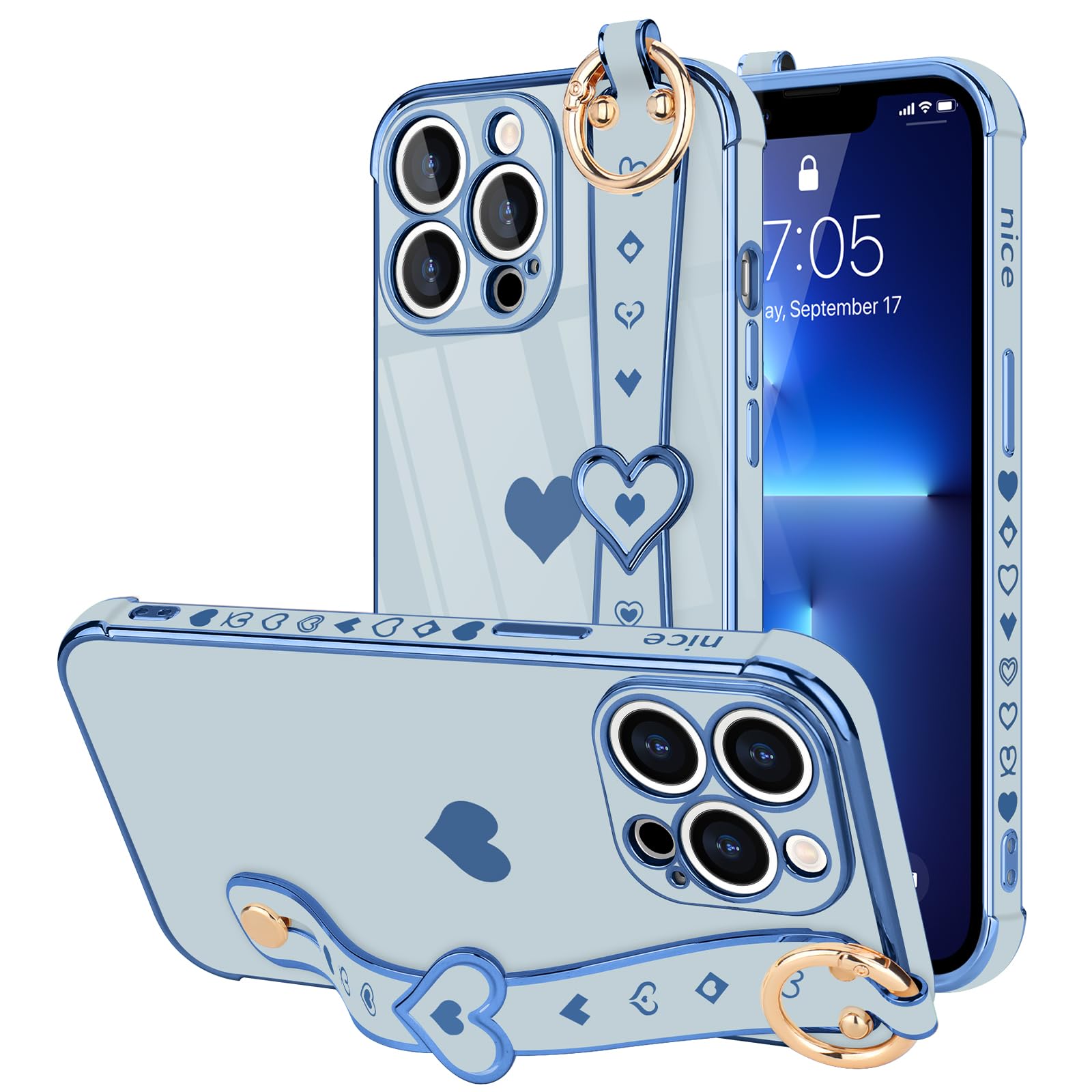 Llz.Coque For Iphone 13 Pro Max Case Cute Love Heart Plating Strap Phone Cover For Women Girls Bling Silicone Camera Lens Protec