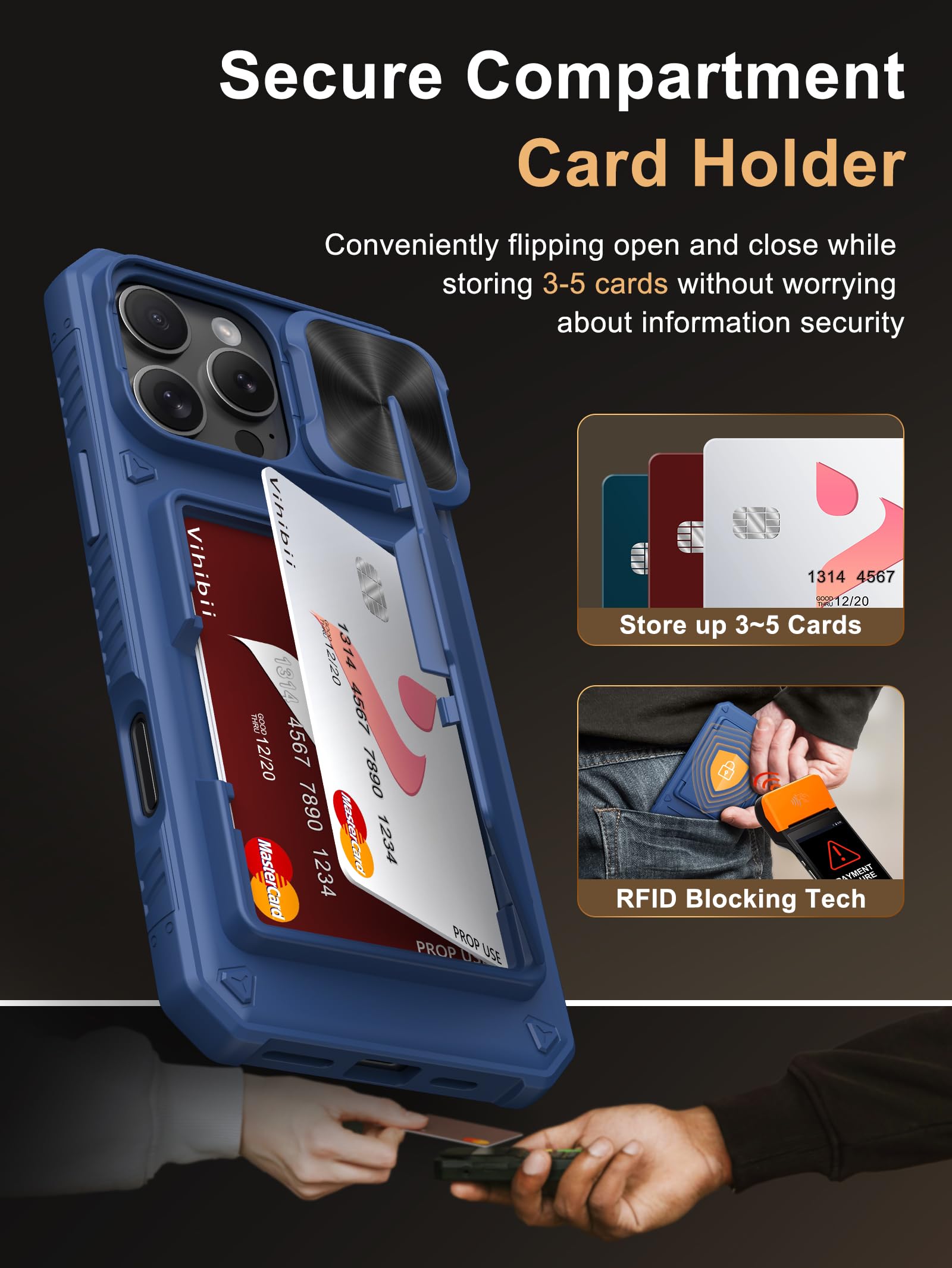 Vihibii For Iphone 16 Pro Max Wallet Case With Card Holder (4 Cards) [Rfid Blocking] & Slide Camera Cover & Raised Edges Protect