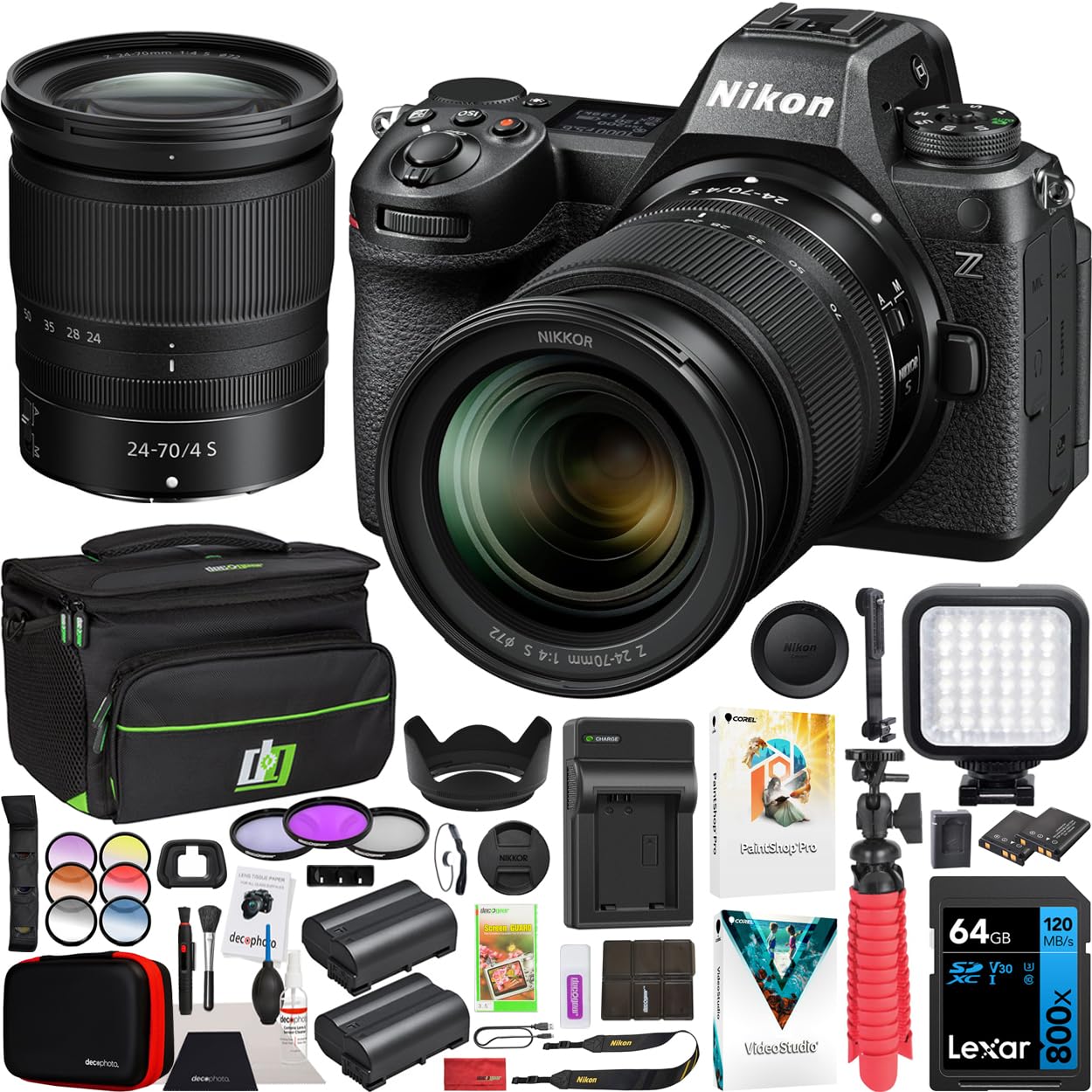 Nikon Z6III Full Frame Mirrorless FX 6K Camera Body with NIKKOR 24-70mm F4 S Lens 1892 Bundle Including Deco Gear Photography Ba