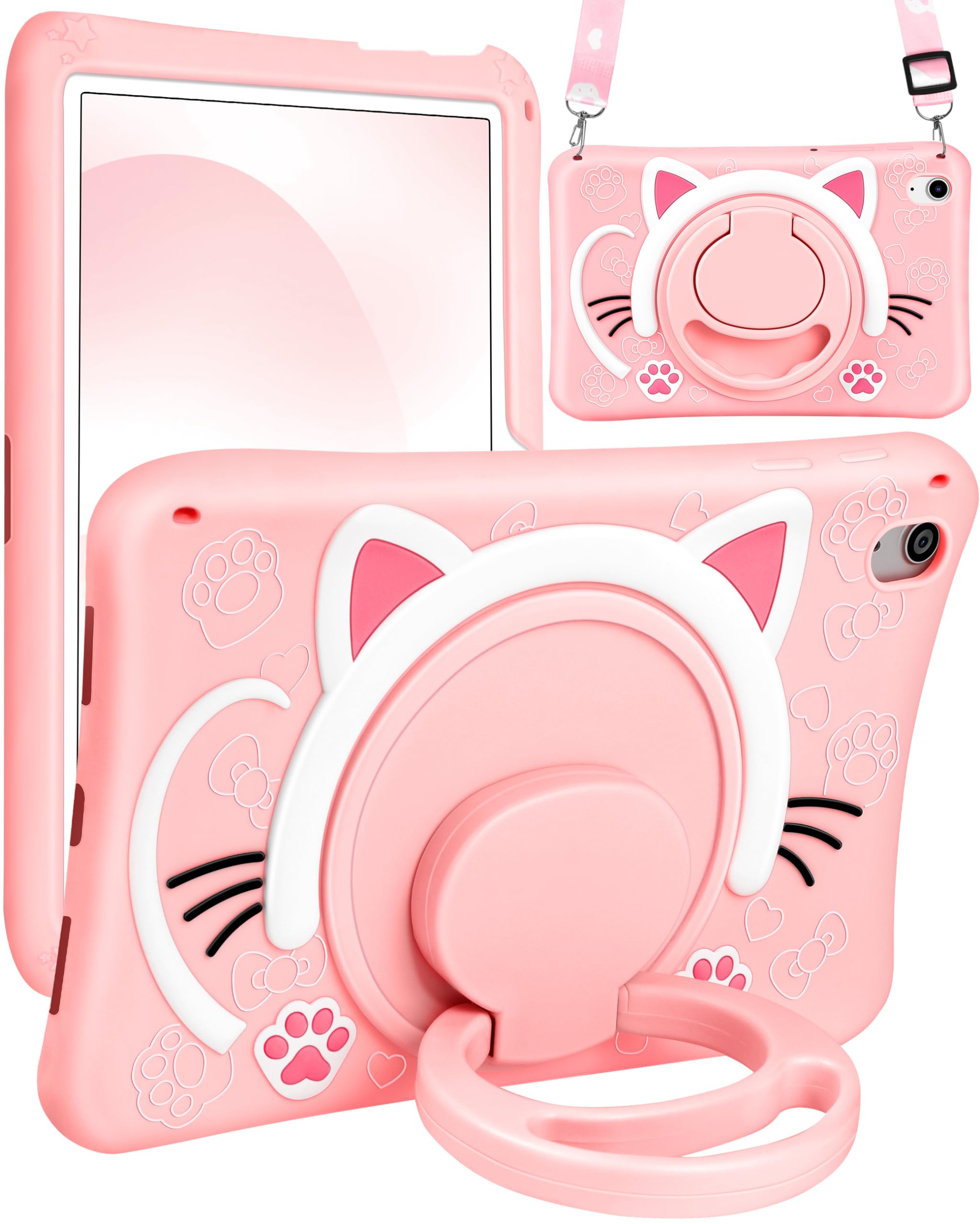 Wazzasoft For Ipad 10Th Generation Case 10.9 Inch Girls Cute Cat Kawaii Cover Girly 3D Cartoon Women Kitten With Rotating Handle