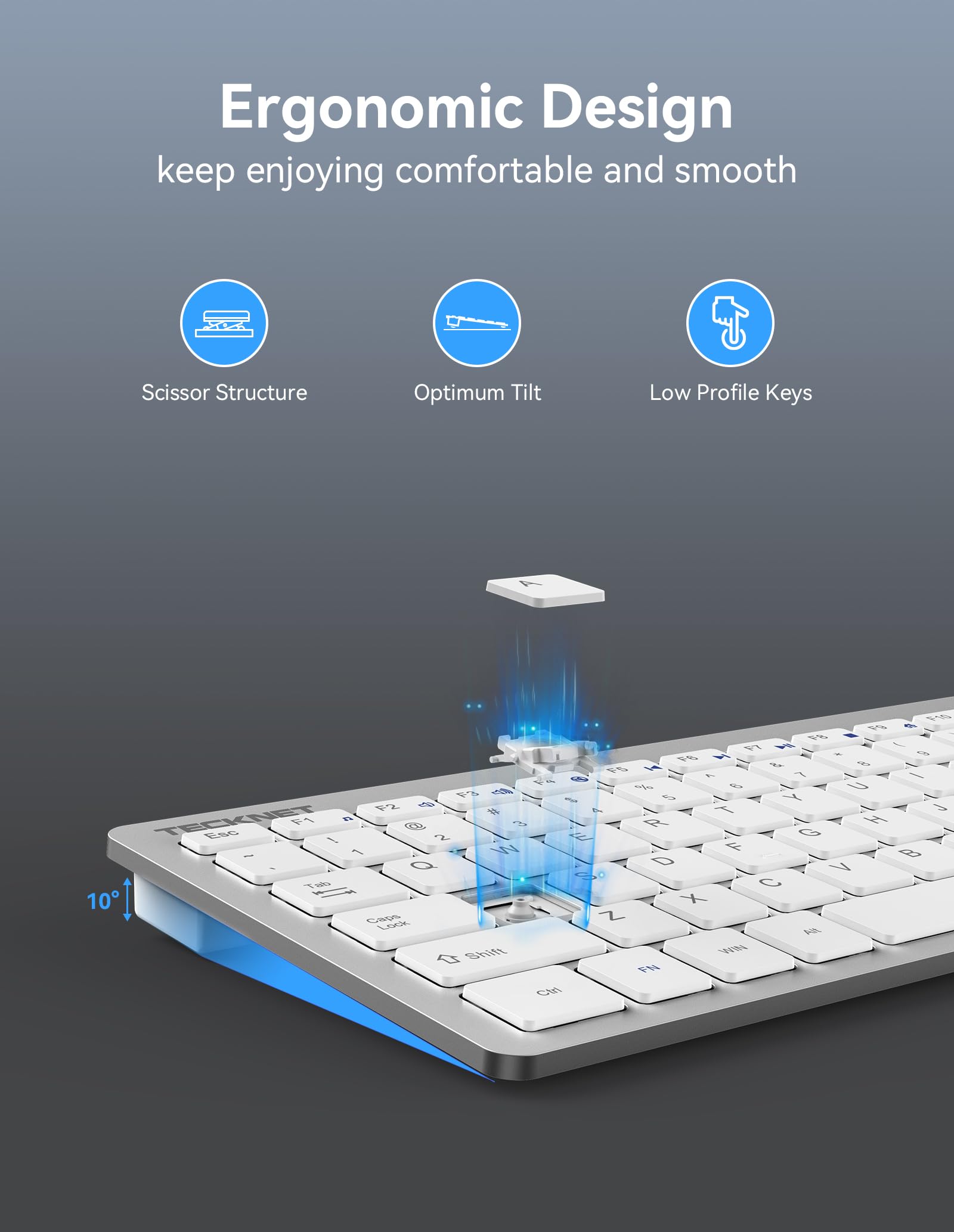 Tecknet 2.4G Wireless Keyboard, Mini Keyboard Compact Computer Keyboard With Media Hotkeys, Silent Small Usb Keyboard For Laptop Pc Desktop Smart Tv Notebook Chromebook Silver