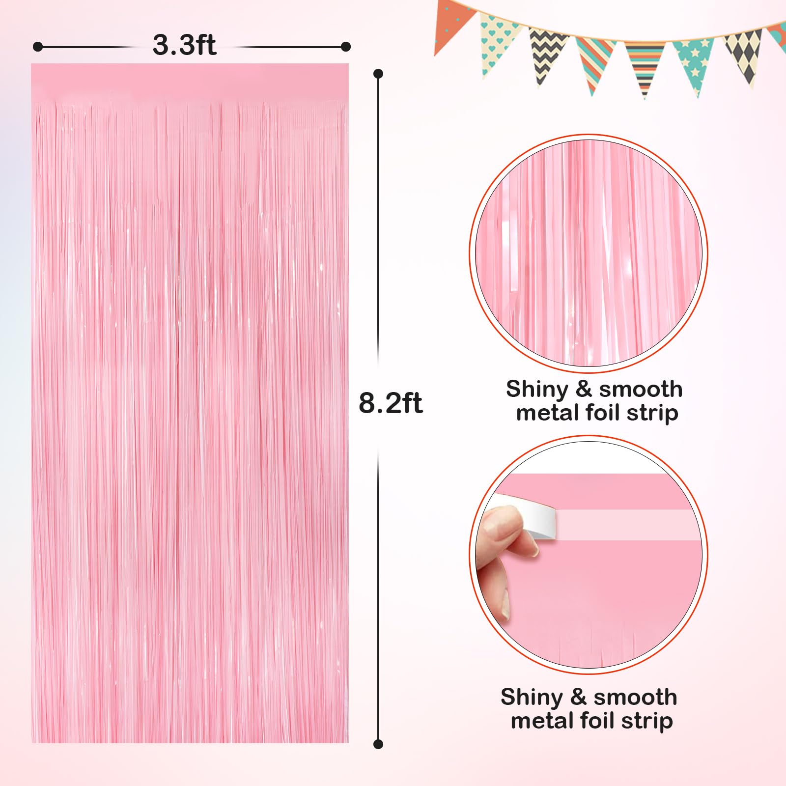 Pastel Pink Metallic Tinsel Foil Fringe Curtains, 2 Pack 3.3X8.3 Feet Streamer Backdrop Curtains For Birthday Party Decorations,