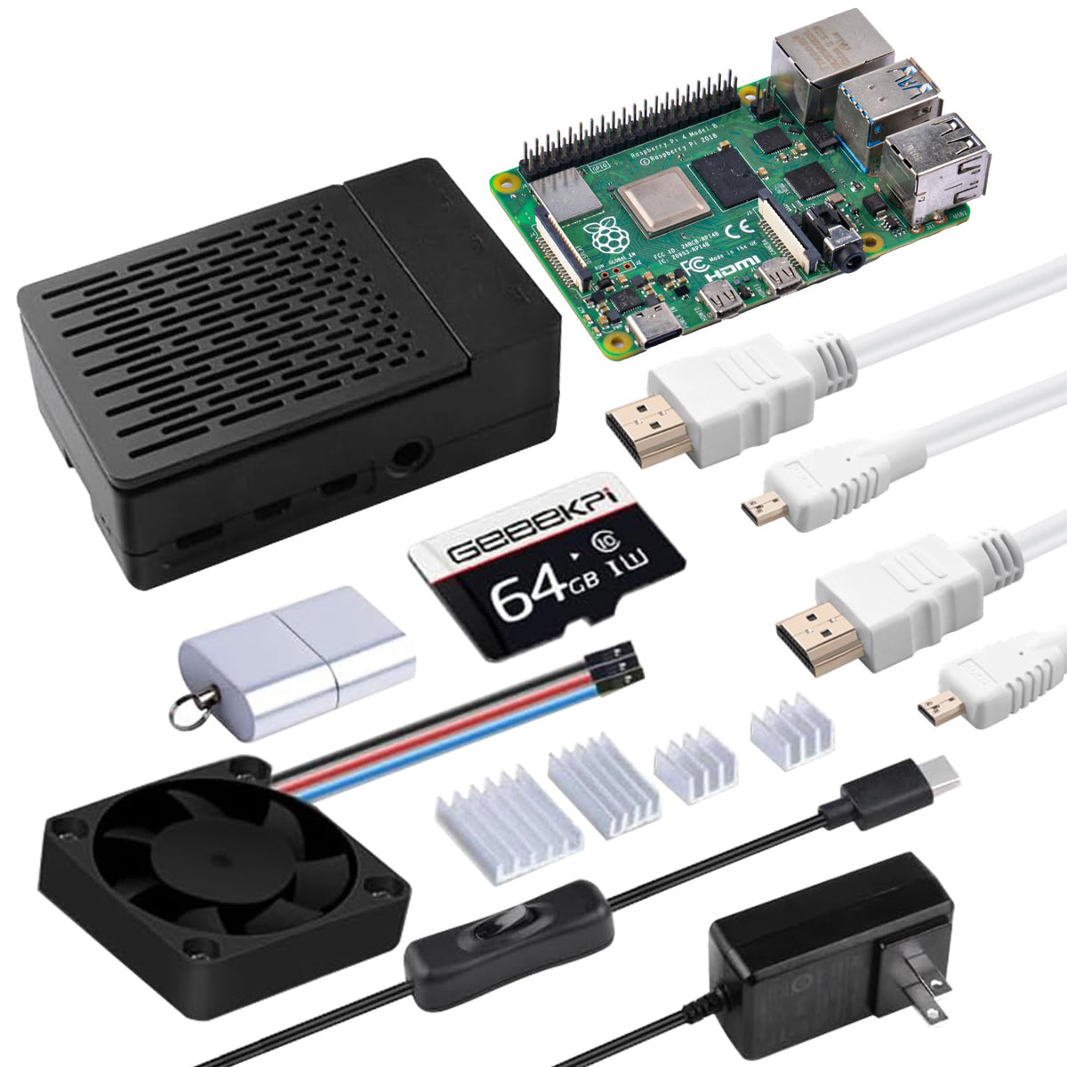 Geeekpi Starter Kit For Raspberry Pi 4 4Gb, With Raspberry Pi 4, Case, 64Gb Card, Card Reader, Hdmi Cables And 18W Usb C Power S