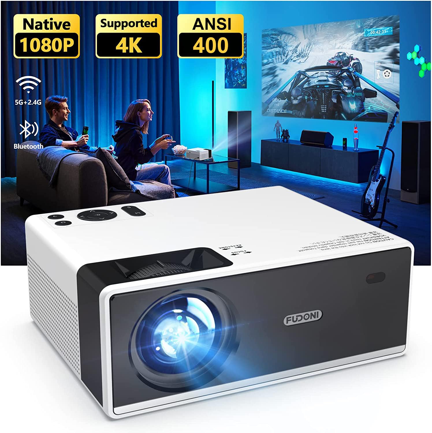Fudoni Projector With Wifi And Bluetooth, Outdoor Portable 4K Support Projector 15000L Hd 1080P Max 300'' Display Zoom, Movie Vi