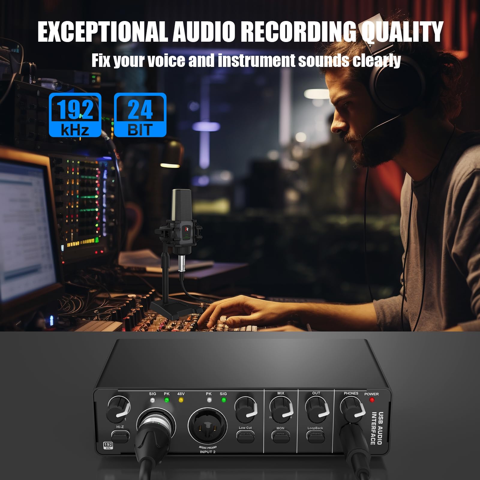 Audio Interface, Rhm 2 In 2 Out Usb Audio Interface With 48V Phantom Power For Recording, Professional Audio Mixer & Mic Preampl
