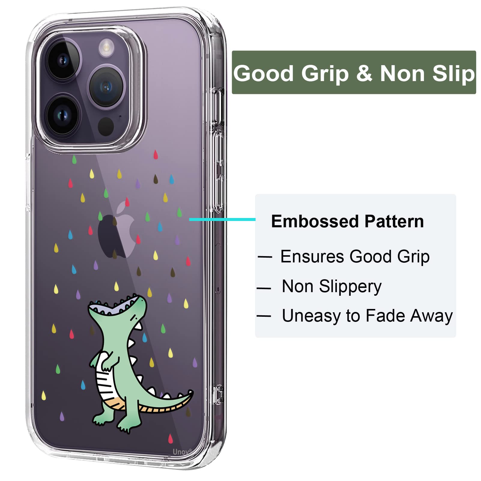 Unov iPhone 14 Pro Clear Phone Case Embossed TPU Rainbow Dinosaur 6.1 Inch