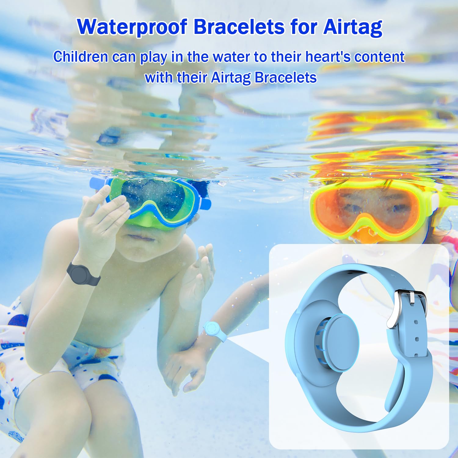 R-fun Portable Waterproof Airtag Bracelet for Kids Soft Silicone Black/Glow Blue (2 Pack)