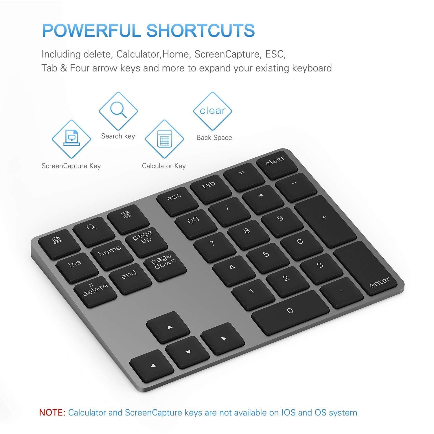 Bluetooth Number Pad, Lekvey Aluminum Rechargeable Wireless Numeric Keypad Slim 34 Keys External Numpad Keyboard Data Entry Compatible For Macbook, Macbook Air/Pro, Imac Windows Laptop Surface Pro Etc