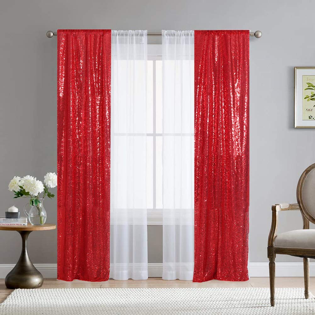 Squarepie Sequin Curtain 2Ft X 8Ft 2Pcs Red Backdrop Background Sparkly For Wedding Party Decoration