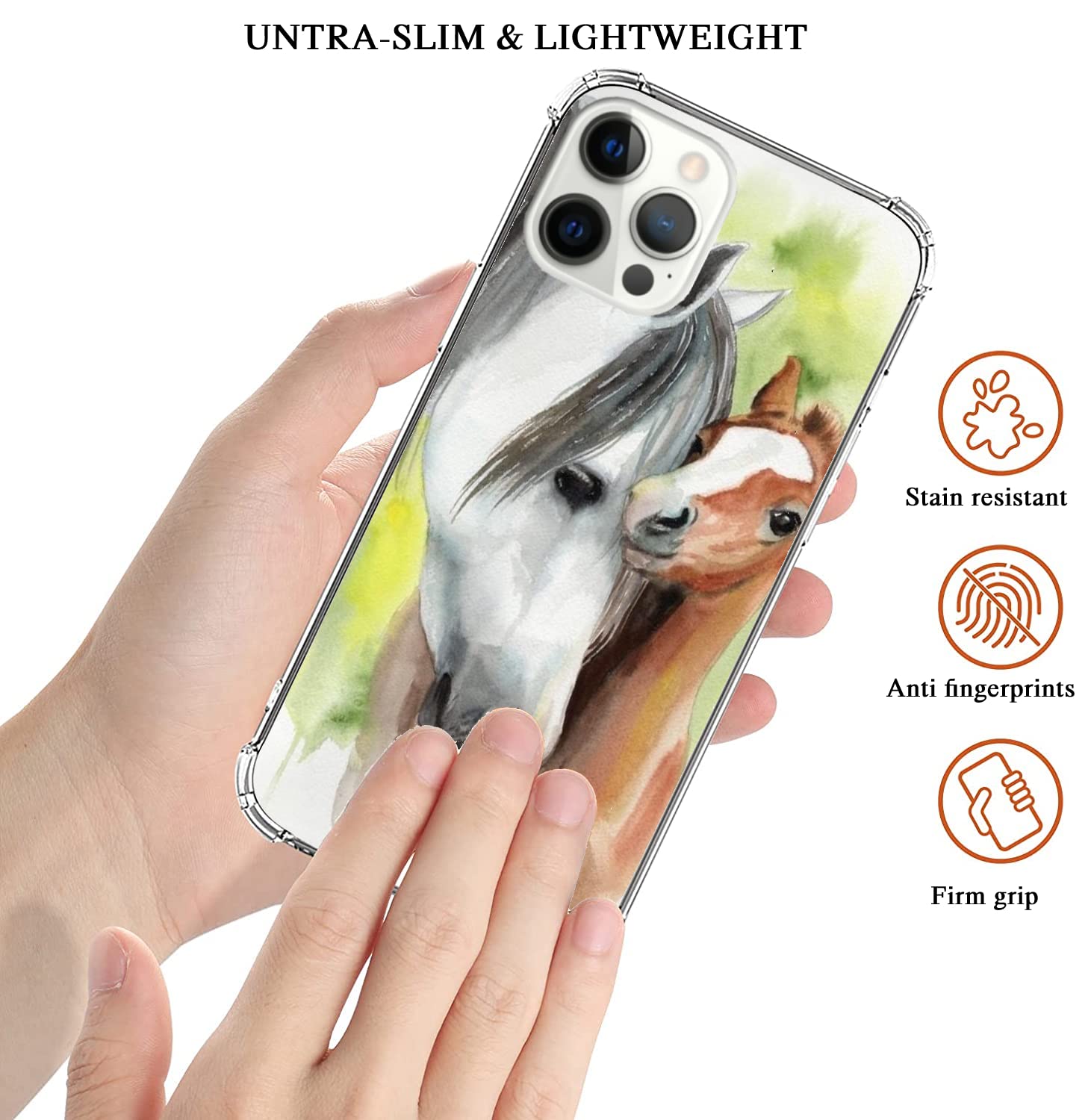 Ricin Relun Watercolor Horse Case For Iphone 15 Pro Max, Farm Animal With Baby Horse For Girls Women Men, Unique Trendy Tpu Bump