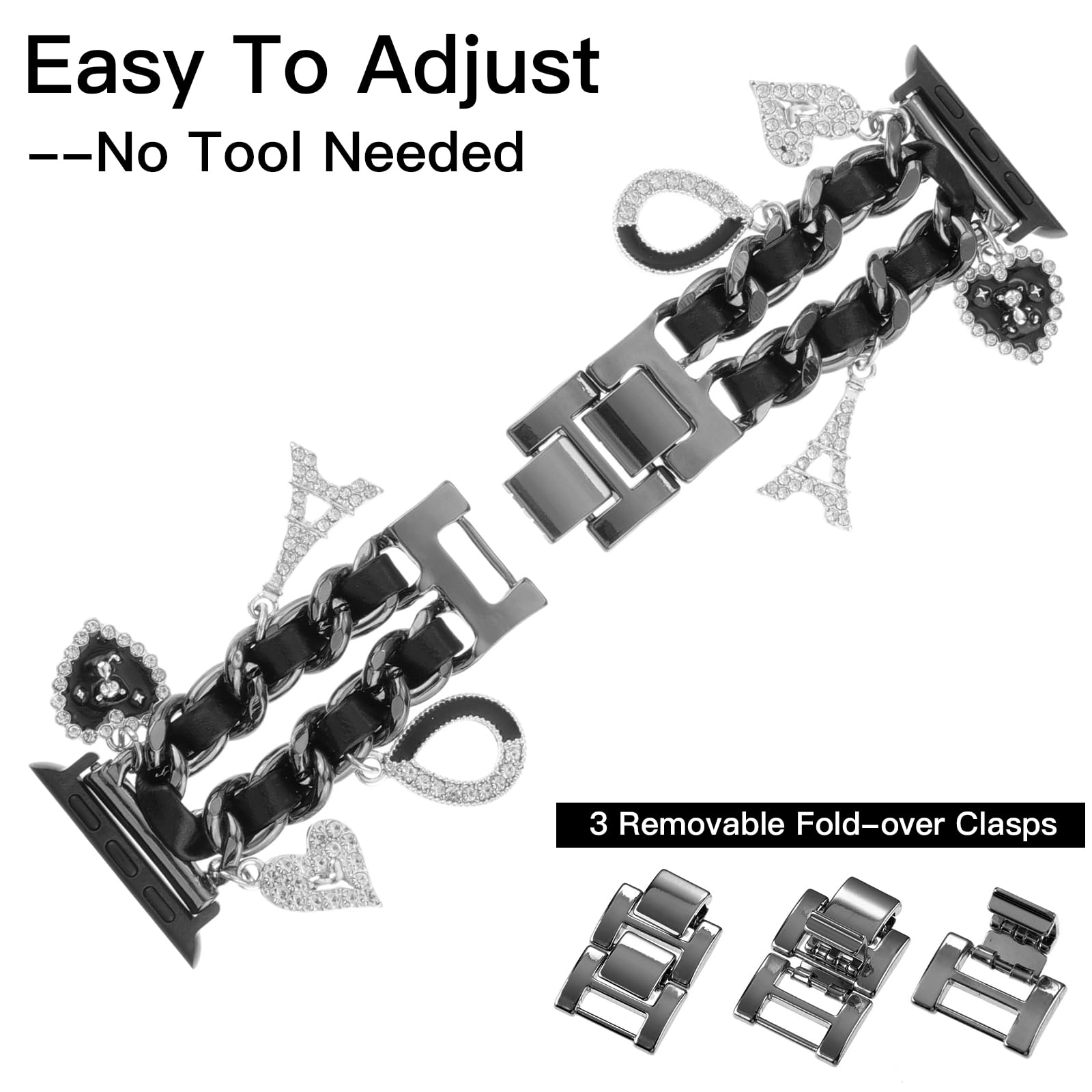 Realsign Stylish Metal Wristband Compatible With Apple Watch Band 38Mm 40Mm 41Mm,Cuban Chain Bracelet With Love Eiffel Tower Pen