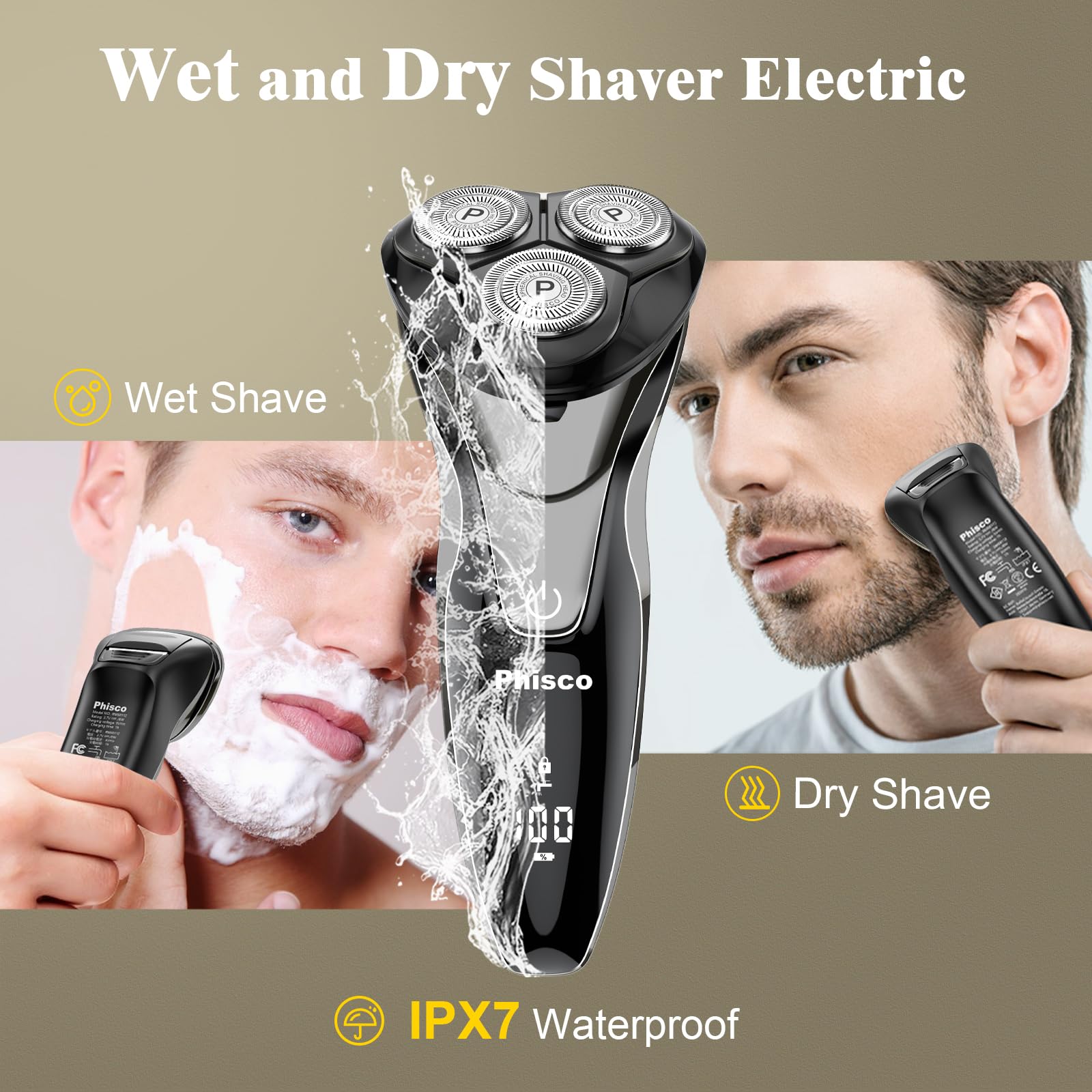 Electric Razor For Men   Phisco Electric Shavers For Man Face, Usb Rechargeable, Waterproof Wet Dry Razors With Pop Up Trimmer,
