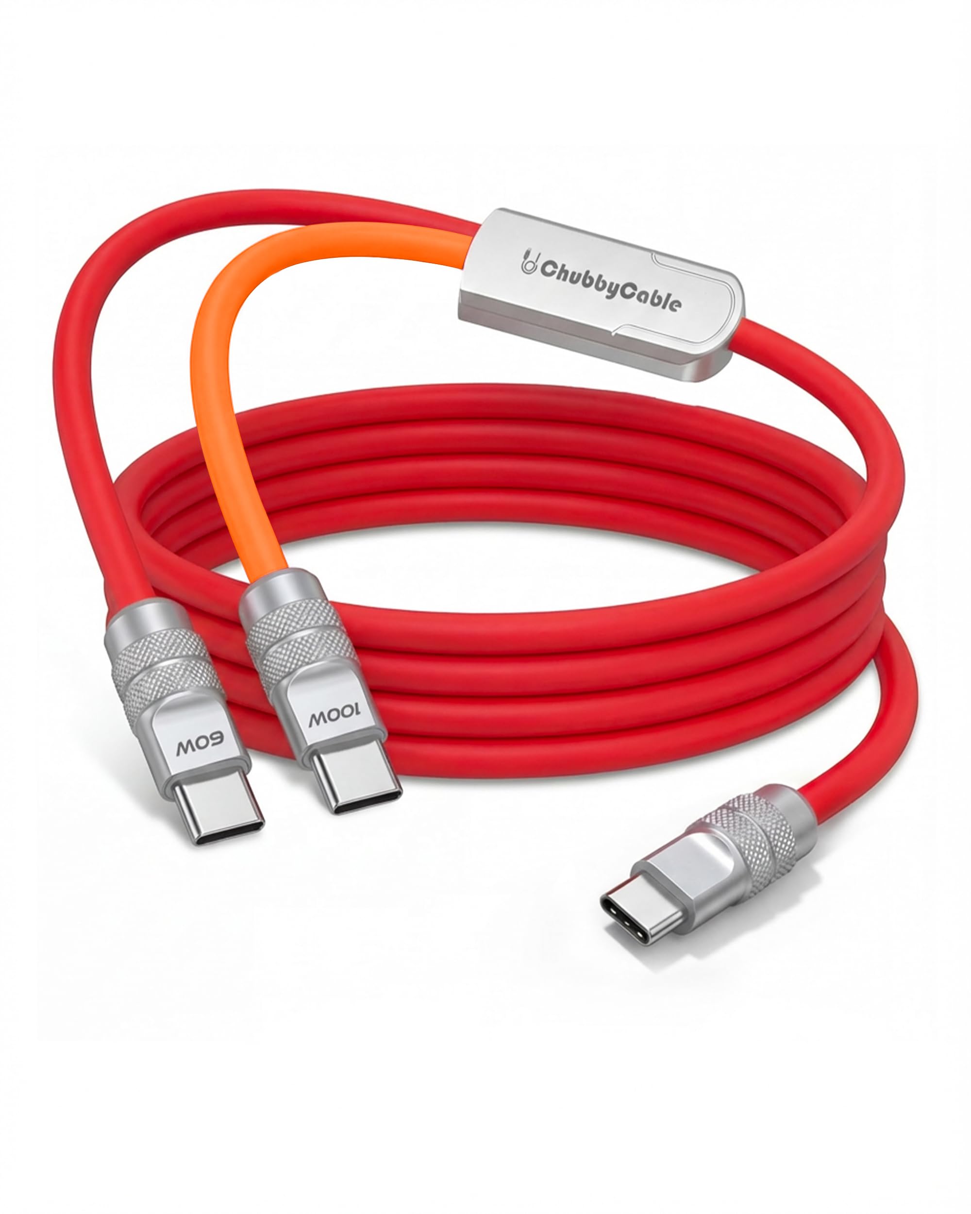 chubbycable DuoFlex 2in1 USB C Multi Charging Cable, 4.3 ft, Red+Orange