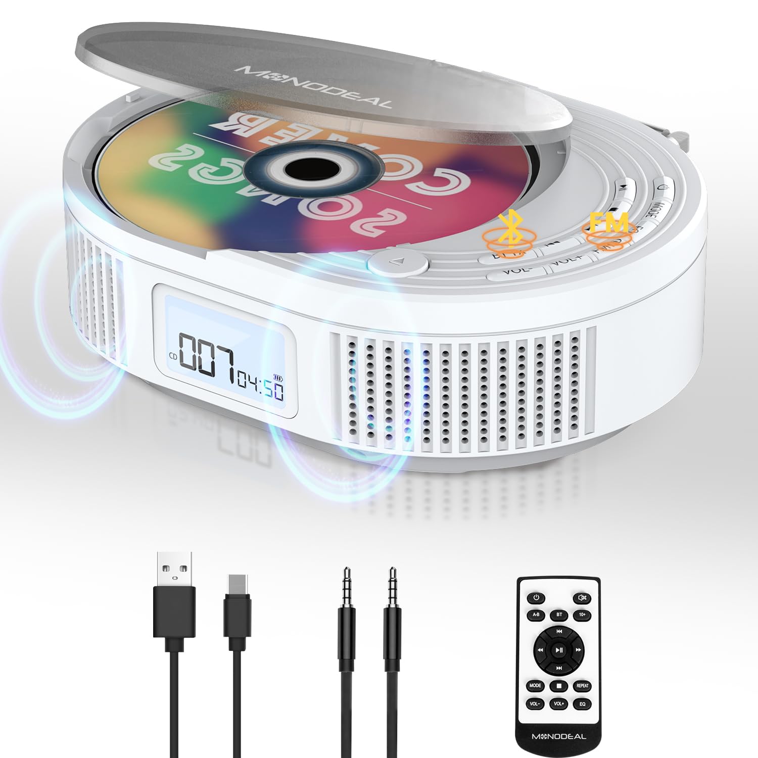 Cd Player Portable,Monodeal Boombox Cd Player With Bluetooth Transmitter,Fm Radio & Bluetooth Speaker 2 In 1 Combo,Portable Cd Player For Car/Home With Remote Control,Headphone Jack,Support Aux/Usb