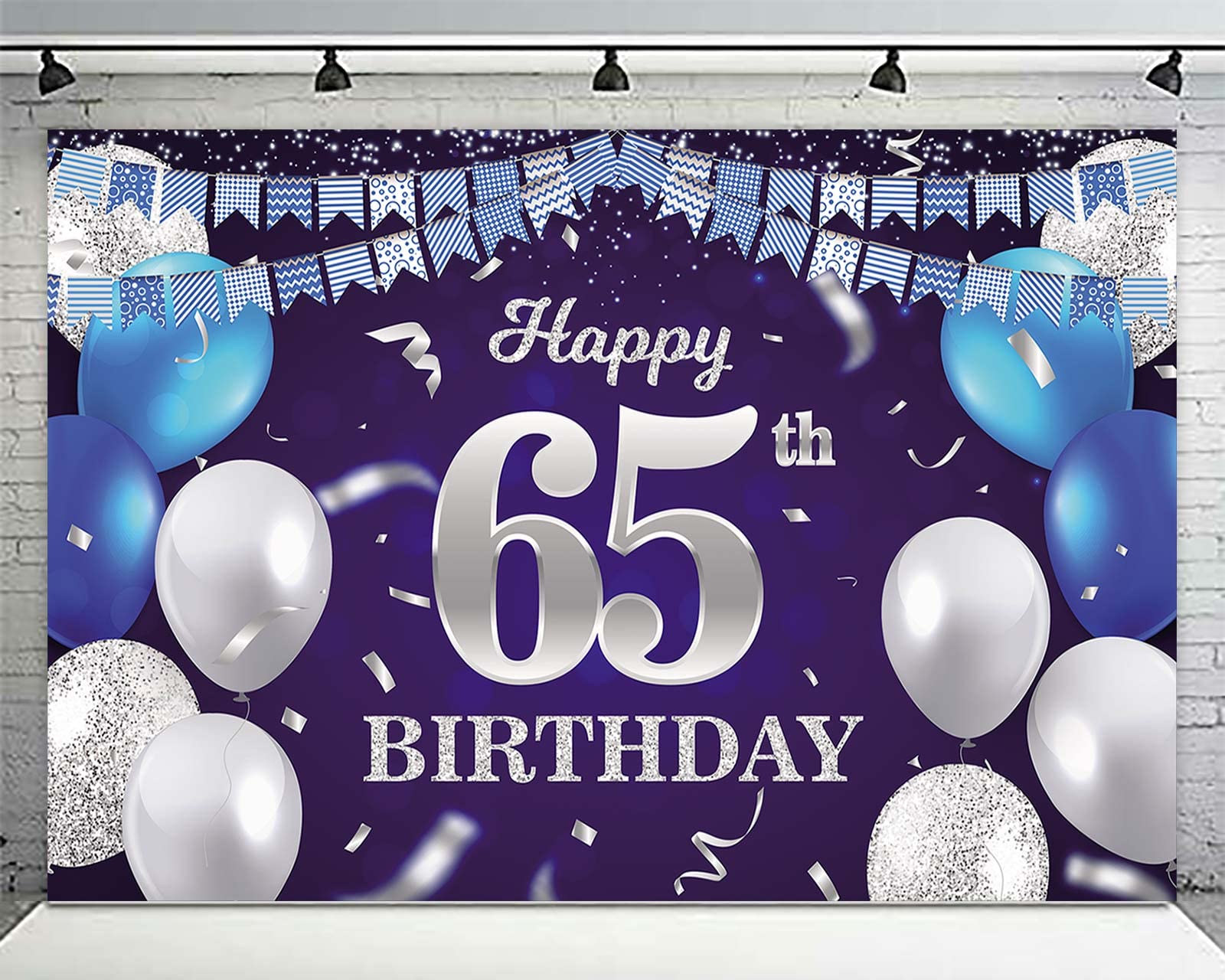 Happy 65Th Birthday Banner Backdrop Navy Blue Balloons Confetti Stripe Flag Light Spots Cheers To 65 Years Old Theme Decorations