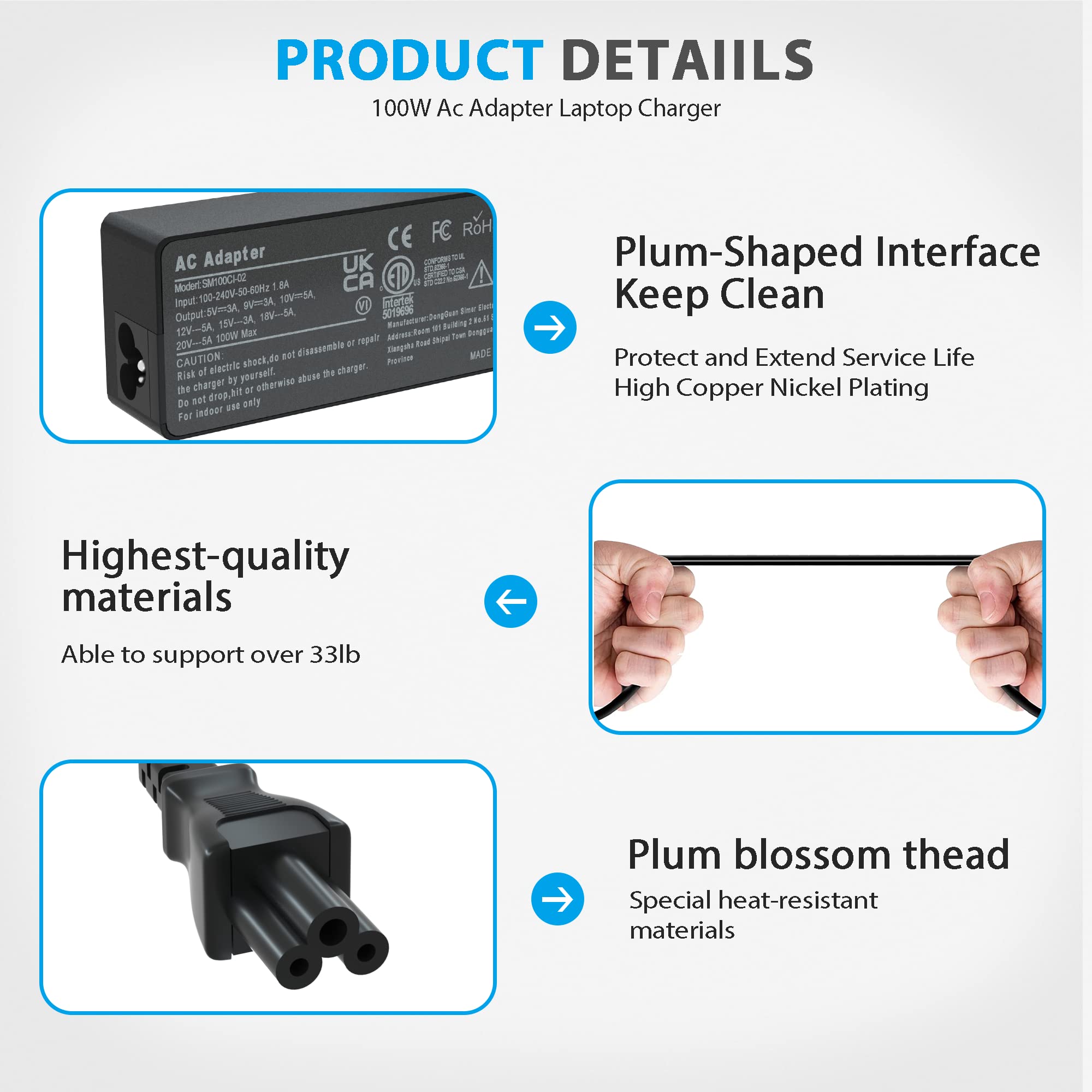 100W 90W Usb C Charger Type C Adapter For Lenovo Thinkpad Carbon X1 5Th 6Th Gen, Ideapad 13'' 720 Y400 Y500 P580 P500, Yoga 370