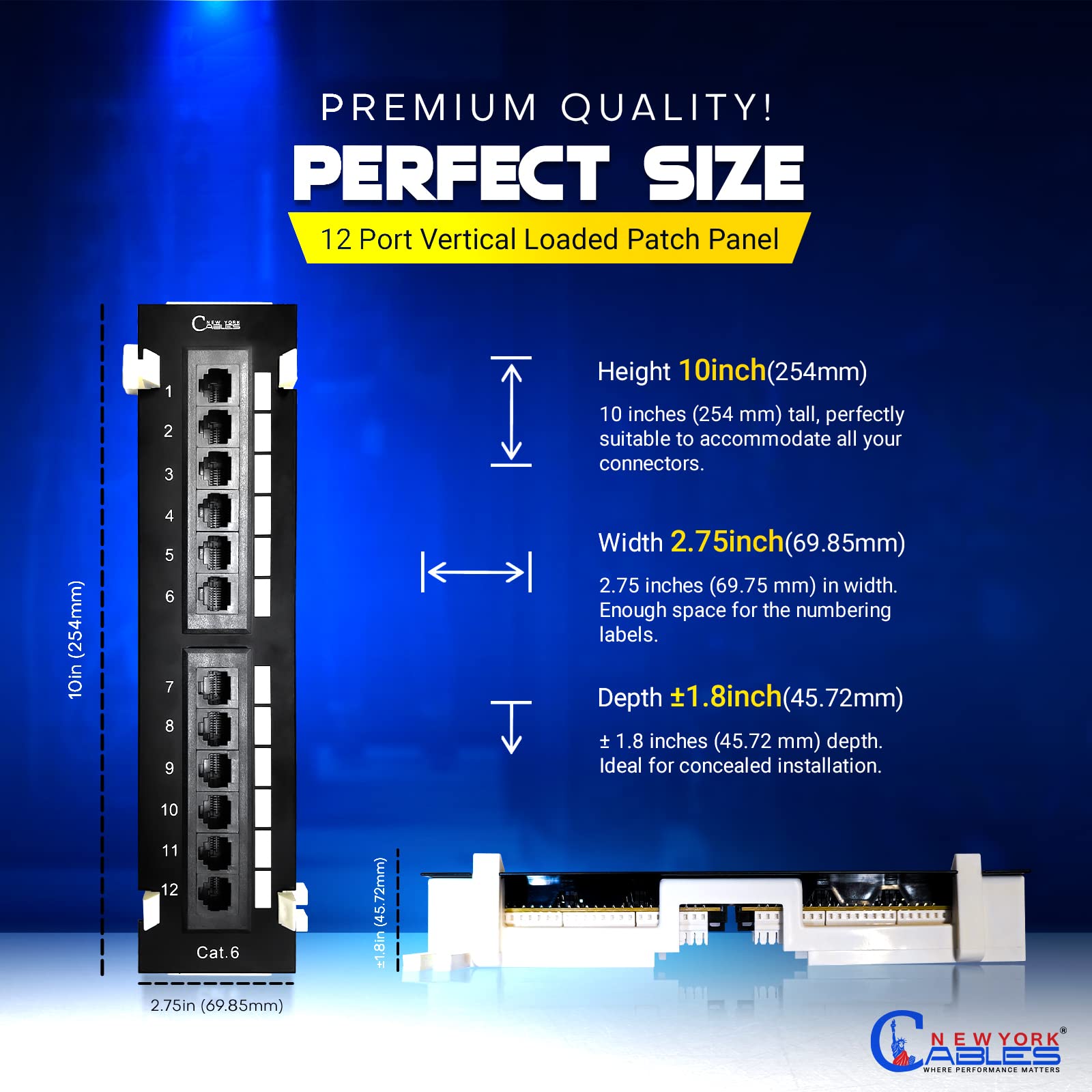 NewYork Cables® Cat6 Patch Panel - 12 Port Vertical, Copper, Includes Back Bar, Cable Ties & Screws for Easy Installation