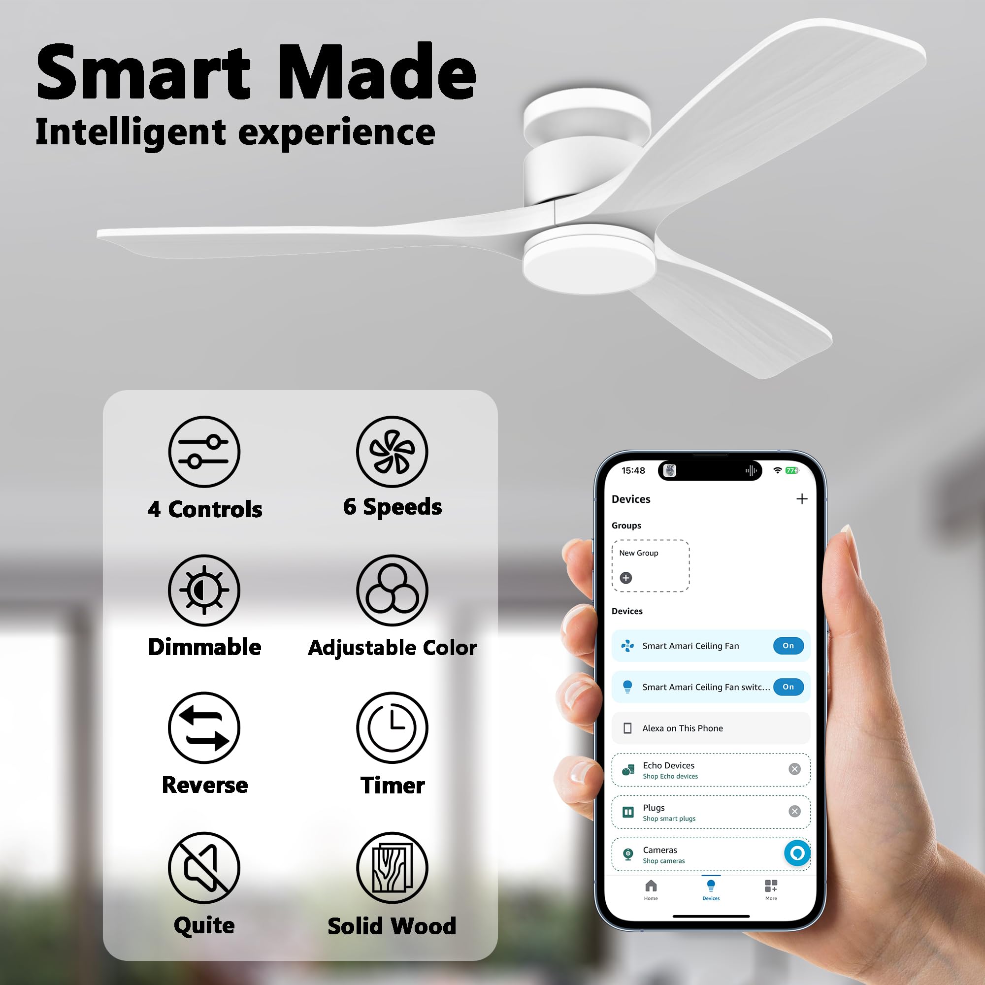 52 Inch Smart Low Profile Ceiling Fans,Solid Wood Outdoor Indoor Ceiling Fan With Lights Remote,Wifi Alexa App Control,Quiet Dc