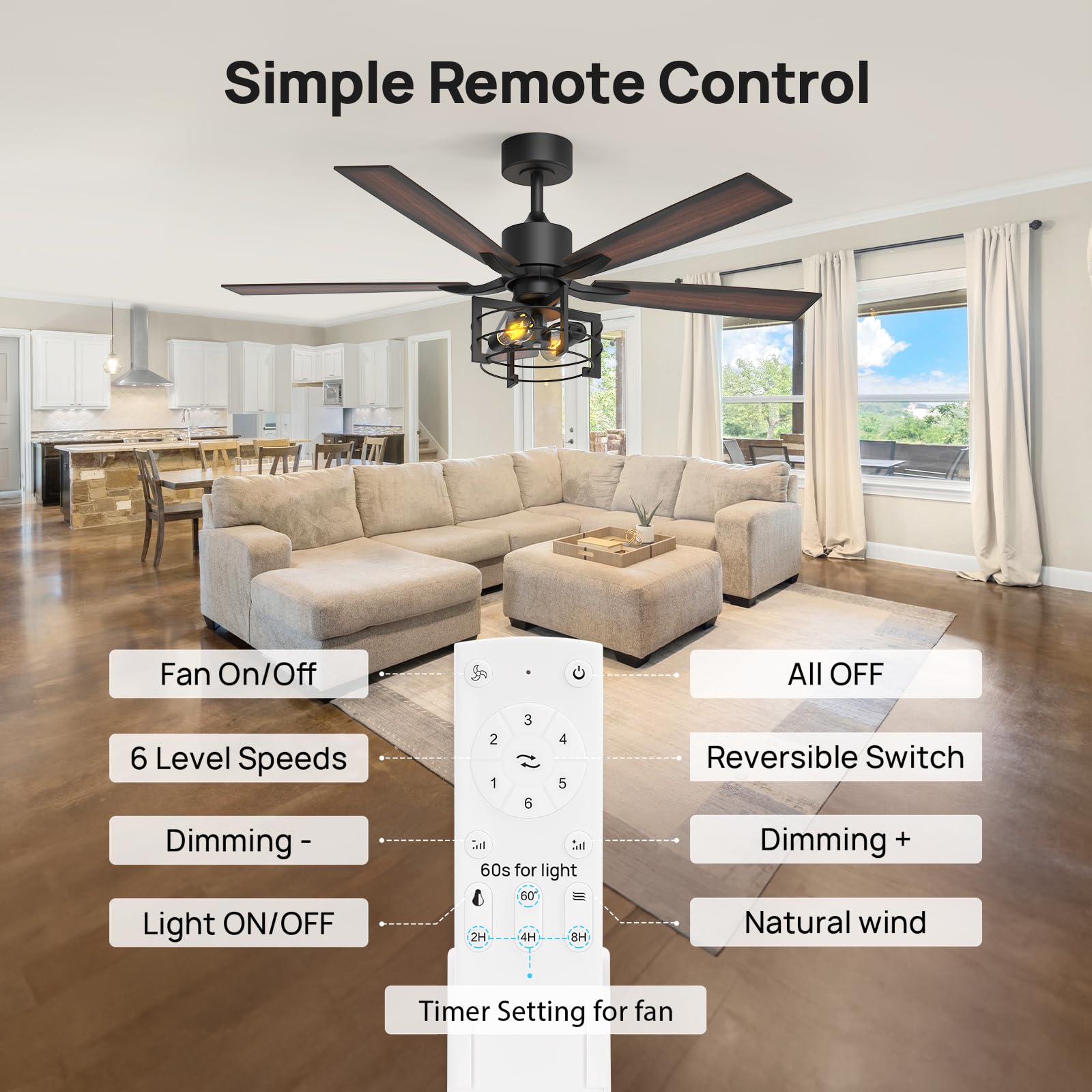 Consciot 52 Inch Ceiling Fans With Lights Remote, Modern Farmhouse Caged Ceiling Fan, Reversible Motor, 5 Double Finish Wood Bla