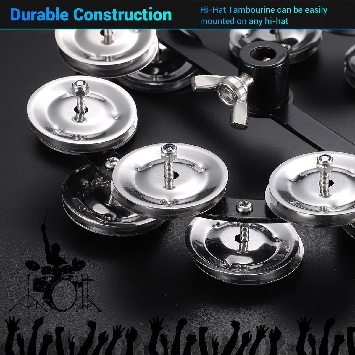 Facmogu 5.5 Inch Black Mountable Cymbal Hi Hat Tambourine, Hi Hat Tambourine With Double Row Stainless Steel Jingles, Steel Drum Set Cymbal Accessory For Drum Players Percussion Drum