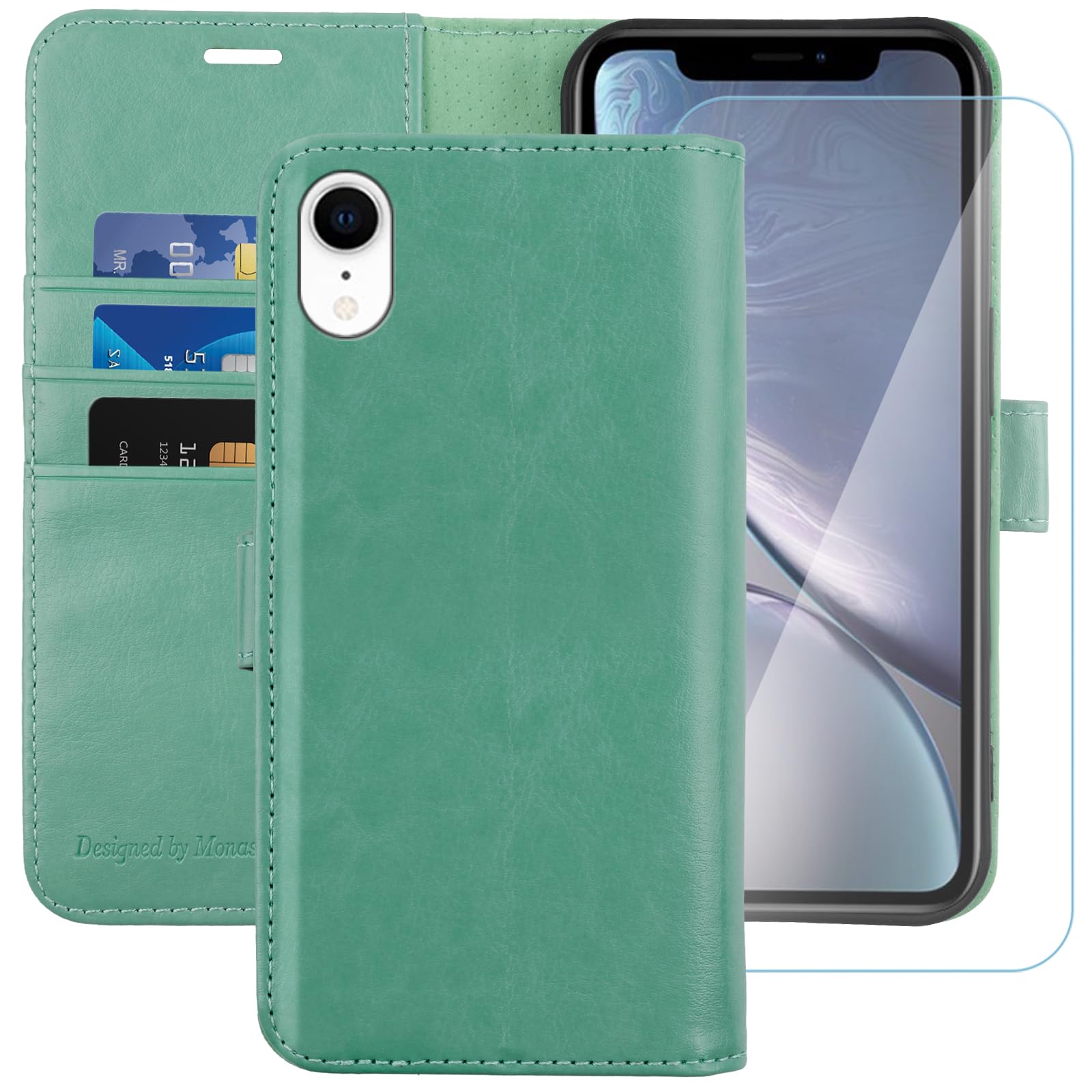 MONASAY Wallet Case Compatible for iPhone XR, 6.1-inch, [Glass Screen Protector Included] [RFID Blocking] Flip Folio Leather Cel