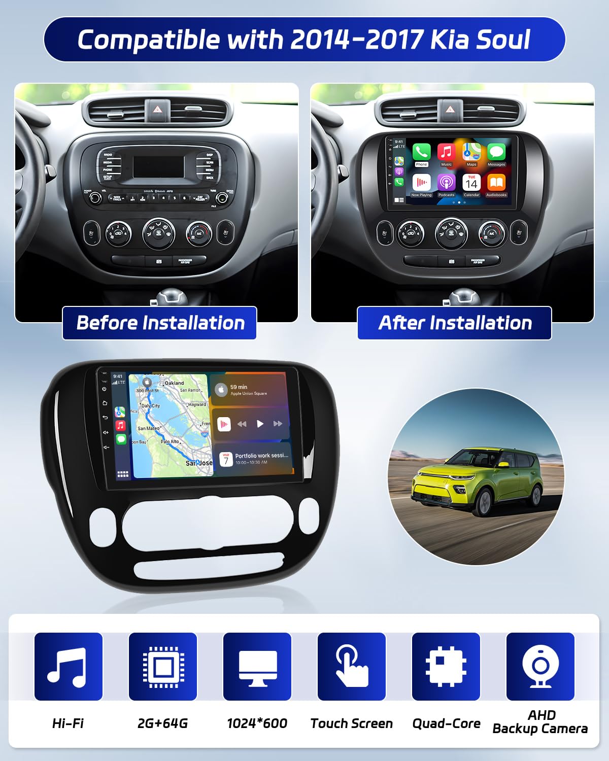 (Manual A/C) Roinvou 2+64G Android 13 Carplay Stereo For 2014 2017 Kia Soul, Wireless Carplay Radio With Android Auto, 9'' Touch