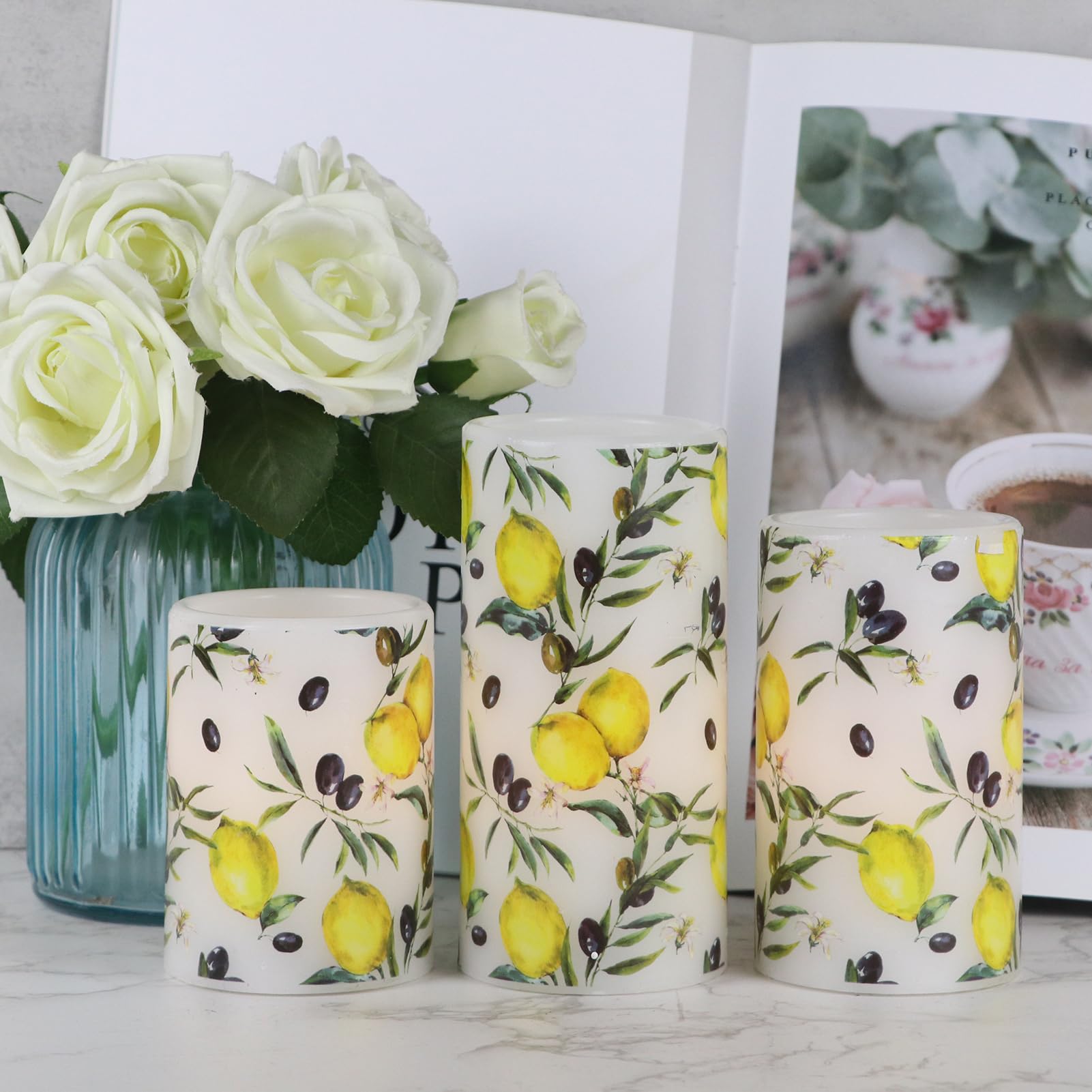 Dromance Flameless Pillar Wax Candles With 6 Hour Timer Battery Operated 3 Packs Lemon Decals Led Flickering Candles Yellow Ligh