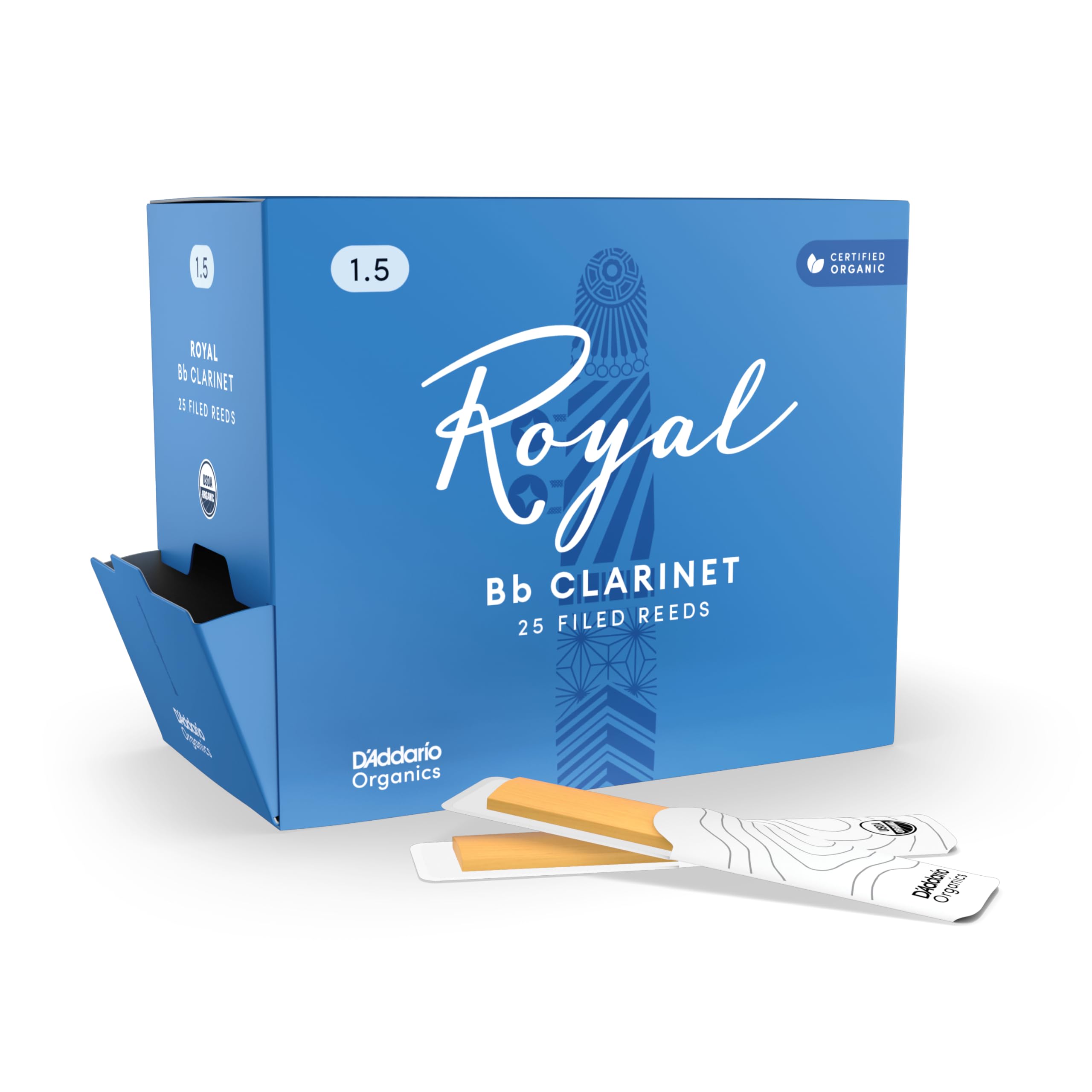 DAddario Royal Organic Bb Clarinet Reeds, Strength 1.5, Bulk 25