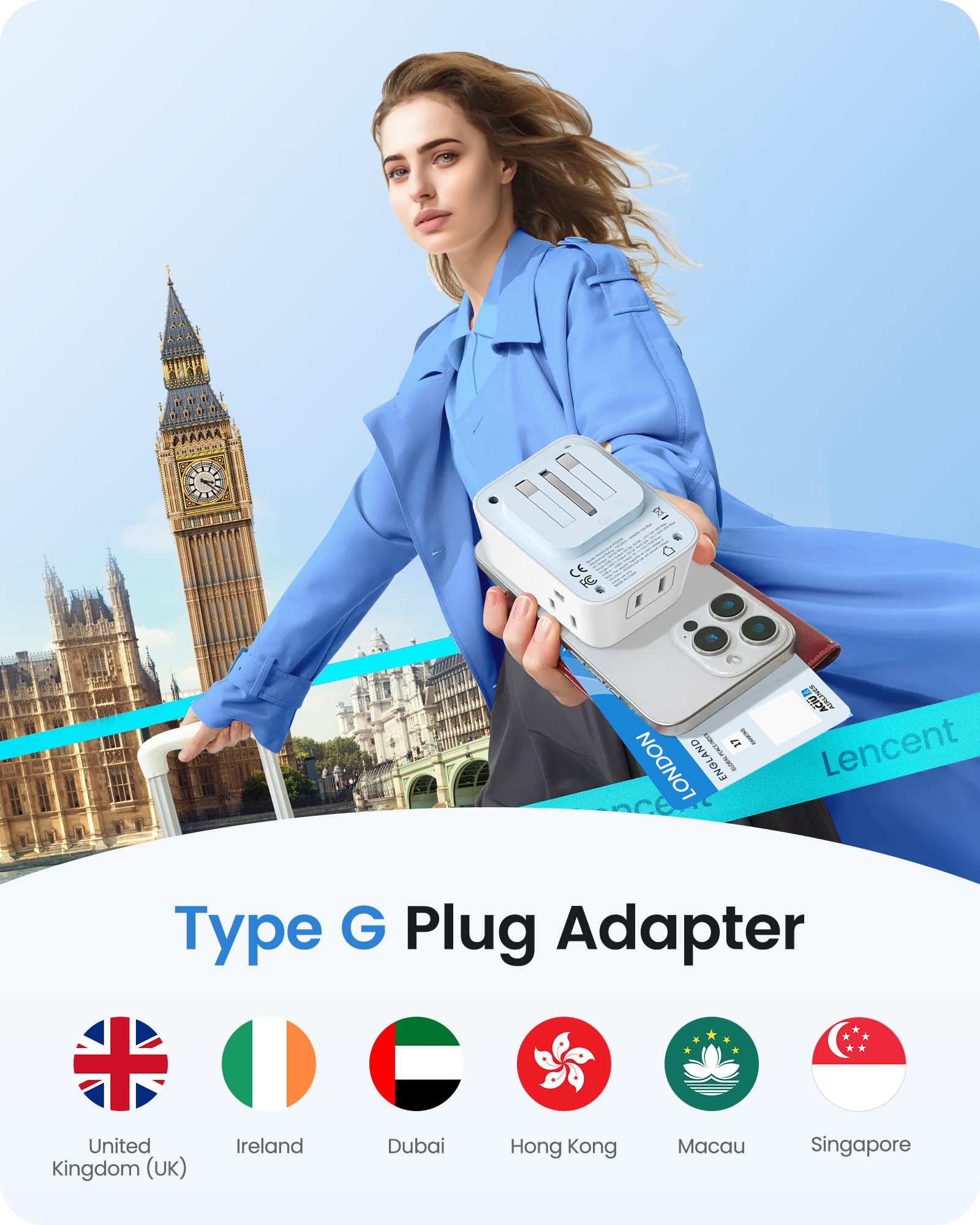 Lencent Foldable Us To Uk Ireland Travel Plug Adapter, Pd 20W Type G Power Adaptor With 4 Outlet, Usb C Fast Charger Adapter, Us