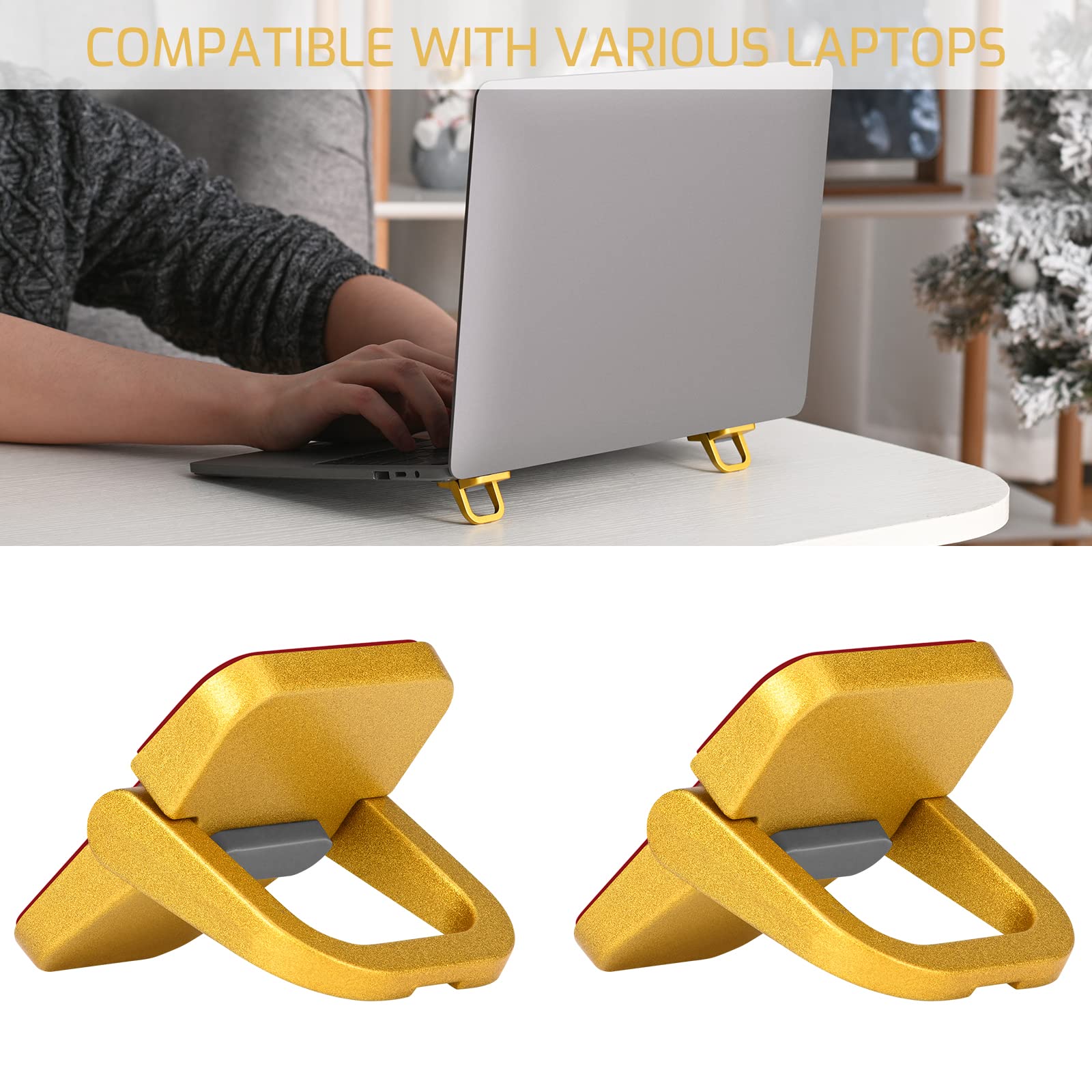 Tofun 1 Pair Foldable Laptop Zinc Alloy Stand, Self Adhesive Invisible Desk Keyboard Feet, Mini Metal Laptop Feet Lifter,Gold