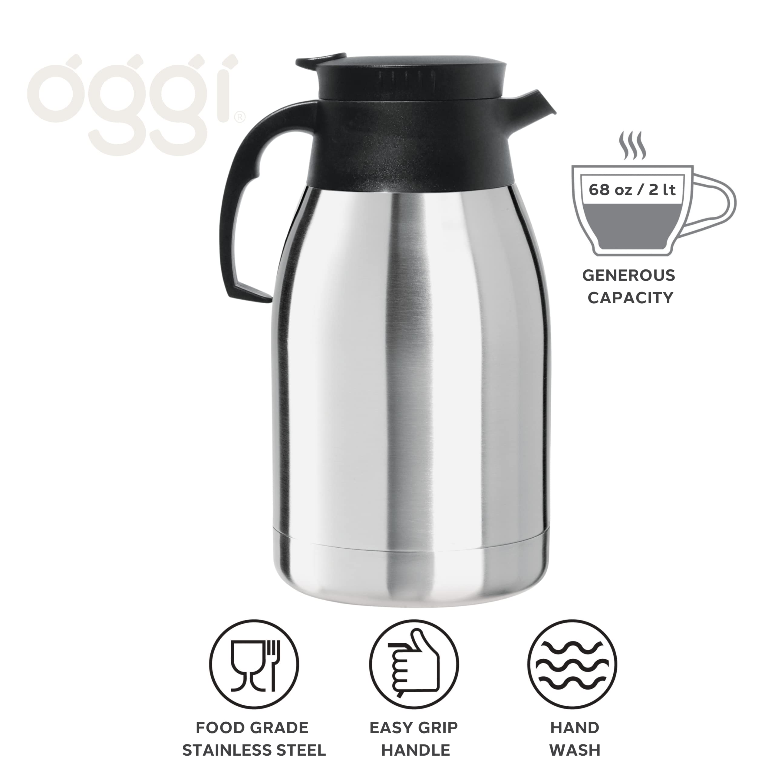 Oggi Coronado 68Oz Stainless Steel Thermal Coffee Carafe  Double Walled Vacuum Container W/Press Button Top, Insulated Coffee Ca