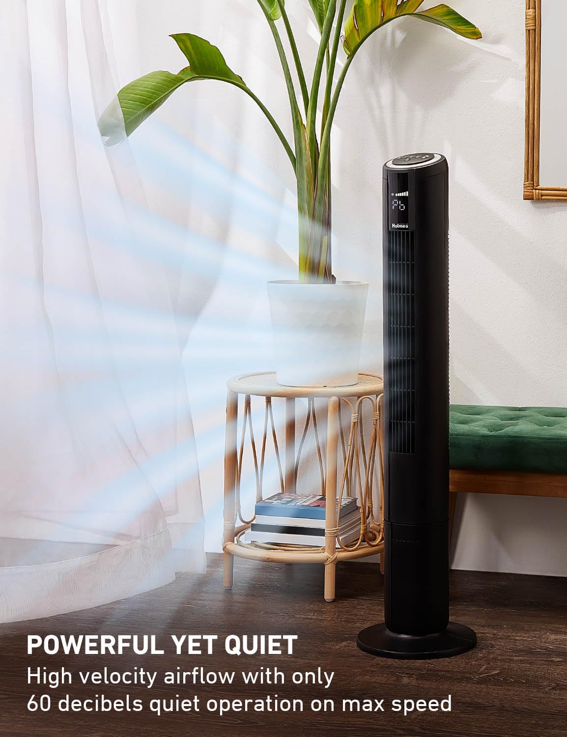 Holmes 42 Digital Tower Fan With Accent Light, Clearread Display, High/Low Brightness Level, 90 Oscillation, 5 Speeds, 4 Modes,