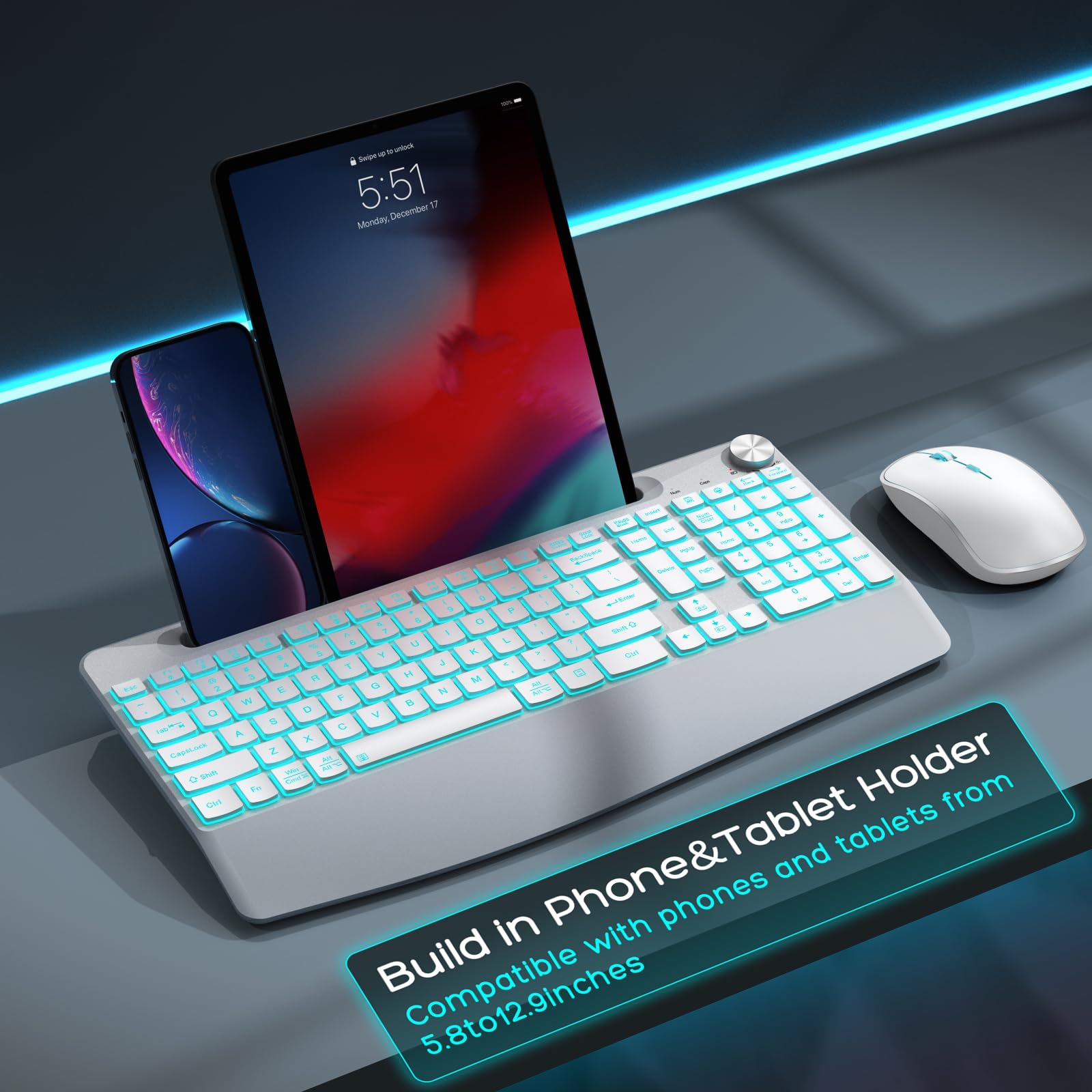 Joyaccess Wirless Keyboard And Mouse, Ergonomic Wireless Backlit Keybaord With Phone Holder,Rechargeable Wireless Keyboard Mouse